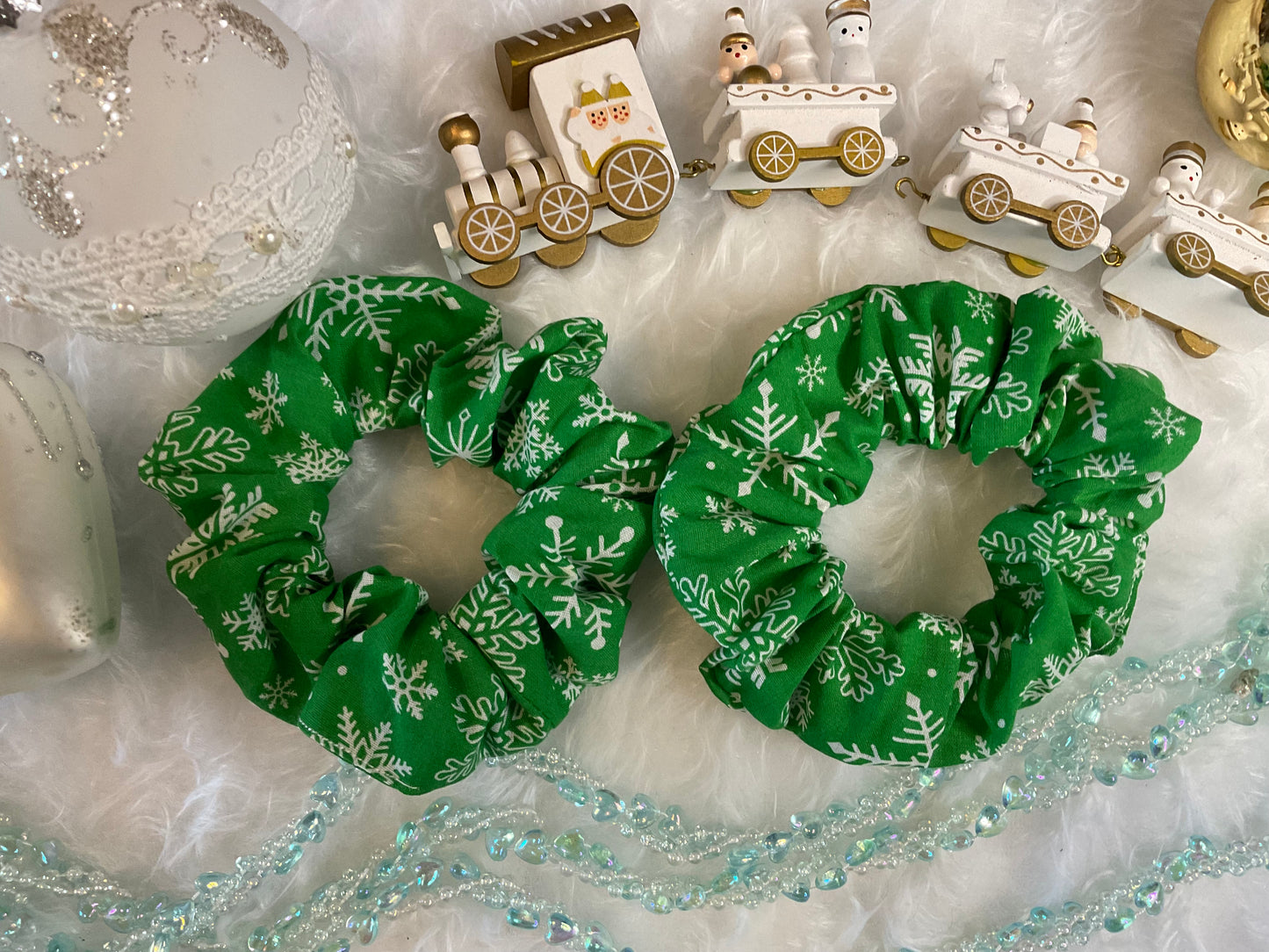 Green With White Snowflakes Hair Scrunchies