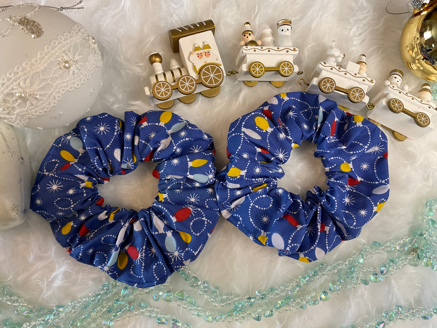 Blue With Christmas Baubles Hair Scrunchies
