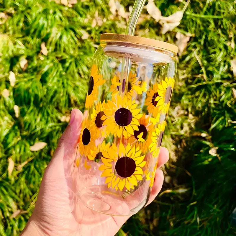 Sunflowers Glassware With Bamboo Lid And Straw And FREE Coaster!