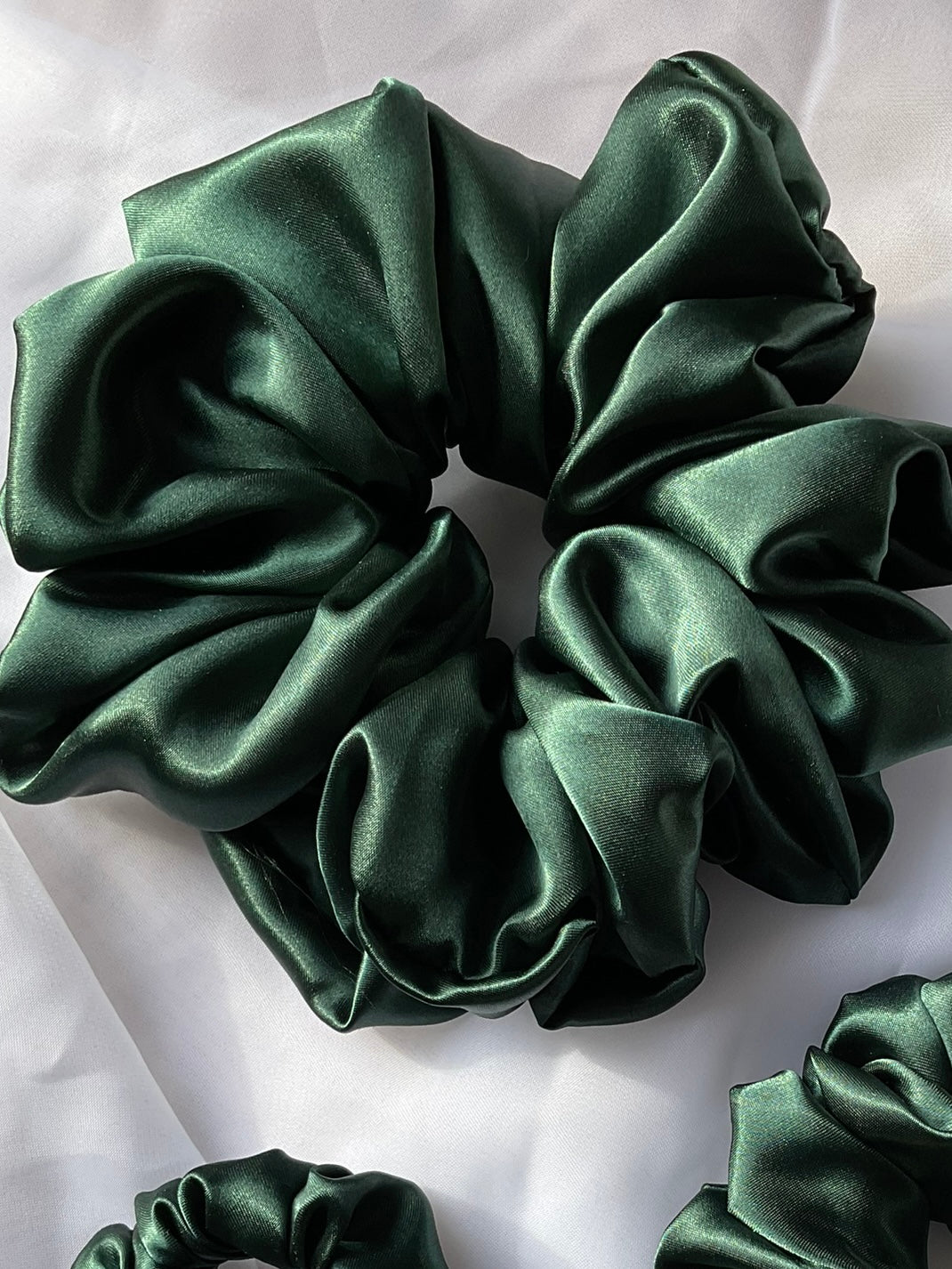 The Helen Satin Bottle Green Hair Scrunchies