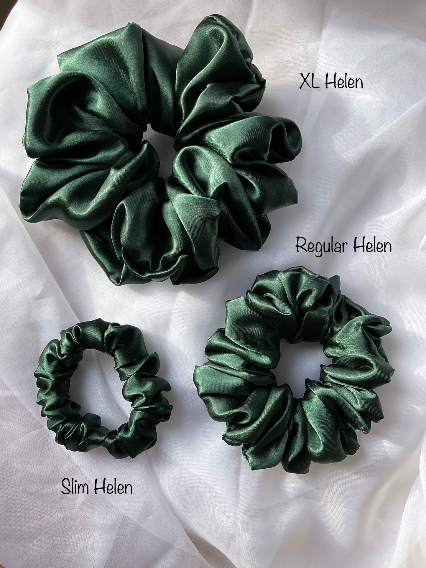 The Helen Satin Bottle Green Hair Scrunchies