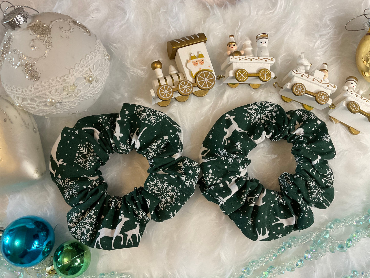 Bottle Green With White Reindeers And Snowflakes Hair Scrunchies