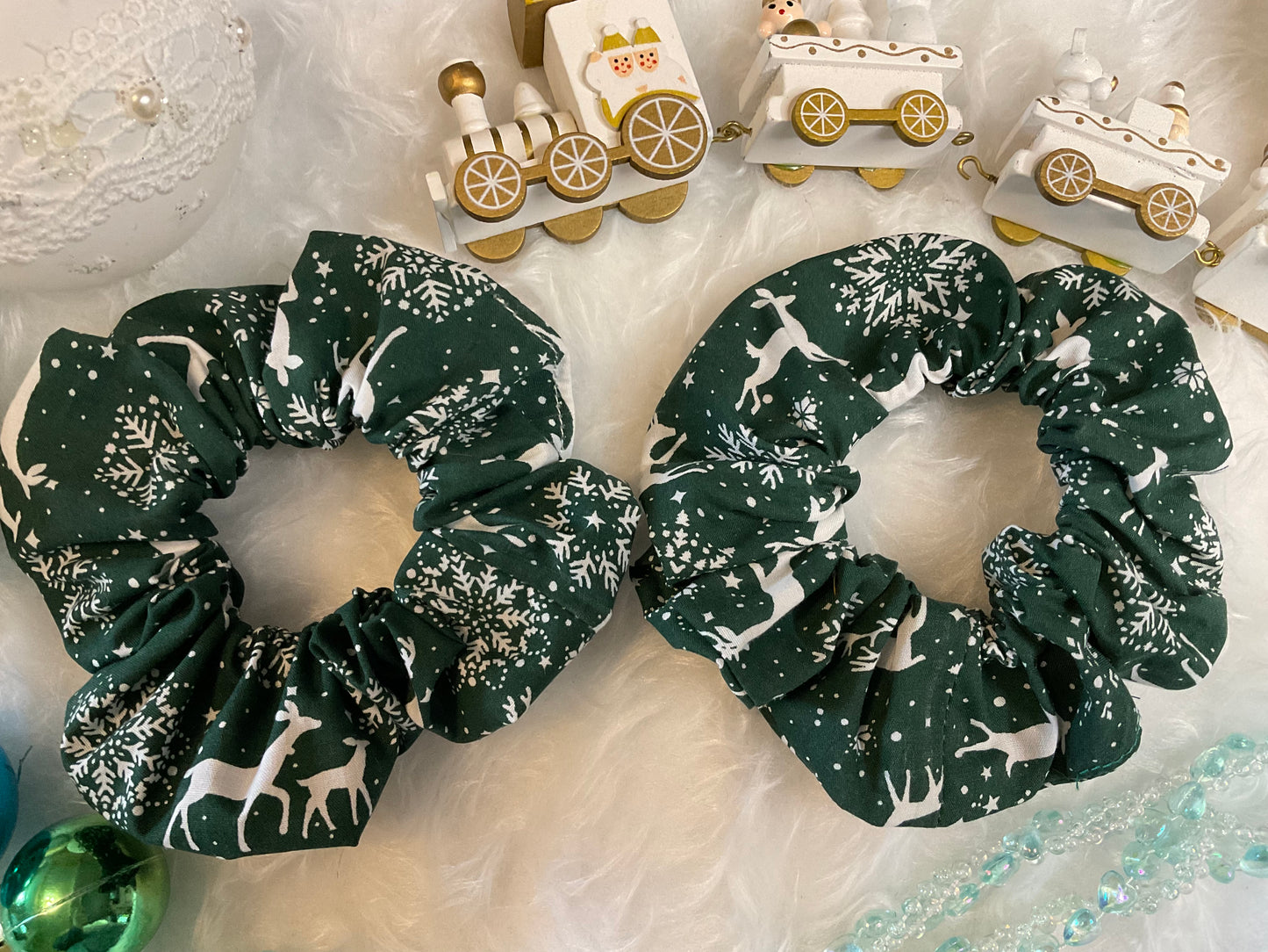 Bottle Green With White Reindeers And Snowflakes Hair Scrunchies