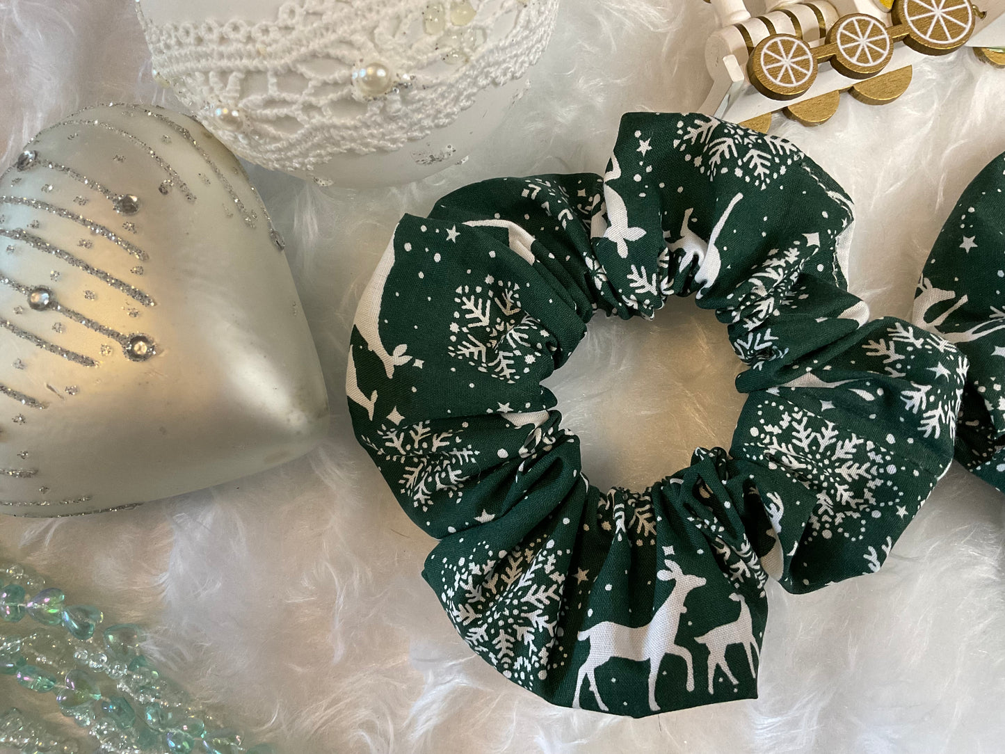 Bottle Green With White Reindeers And Snowflakes Hair Scrunchies
