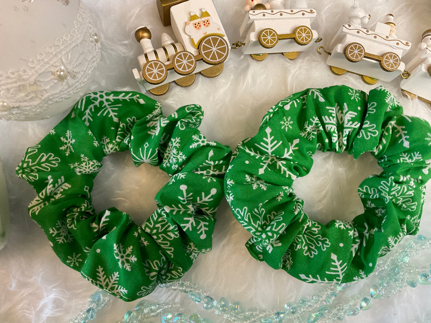 Green With White Snowflakes Hair Scrunchies
