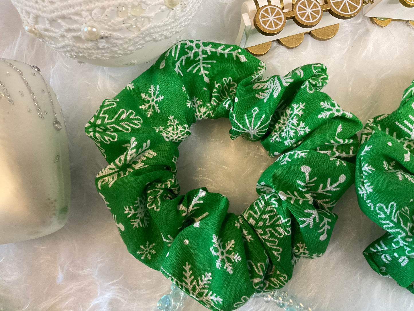 Green With White Snowflakes Hair Scrunchies