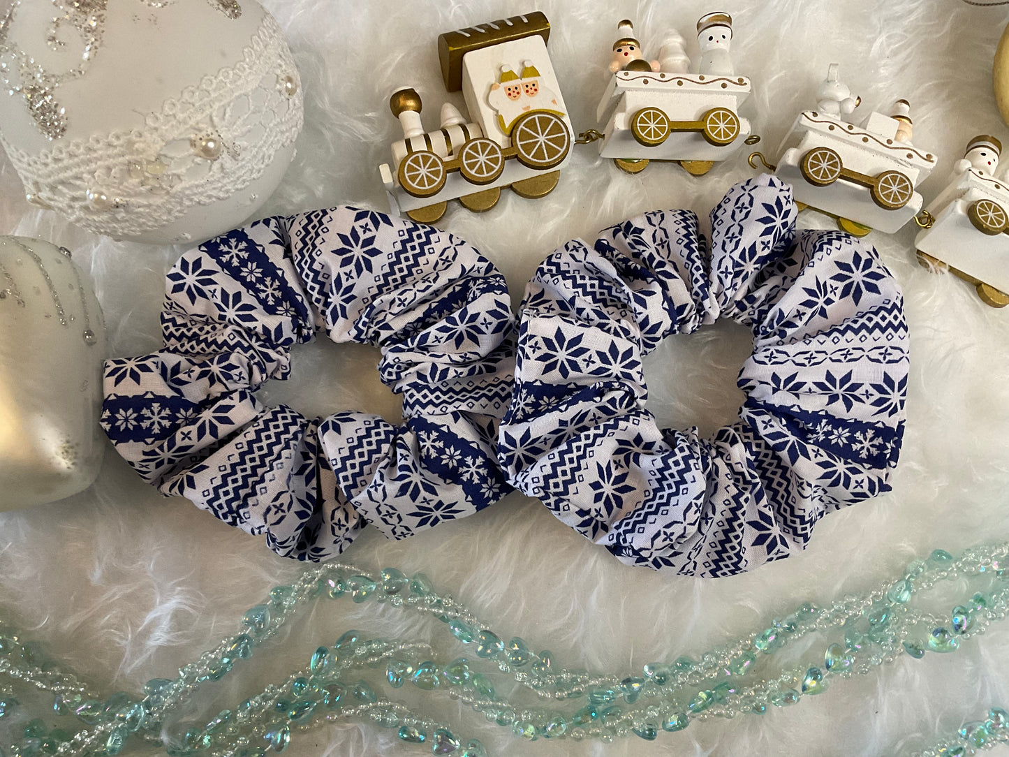 Blue And White Snowflakes Christmas Hair Scrunchies