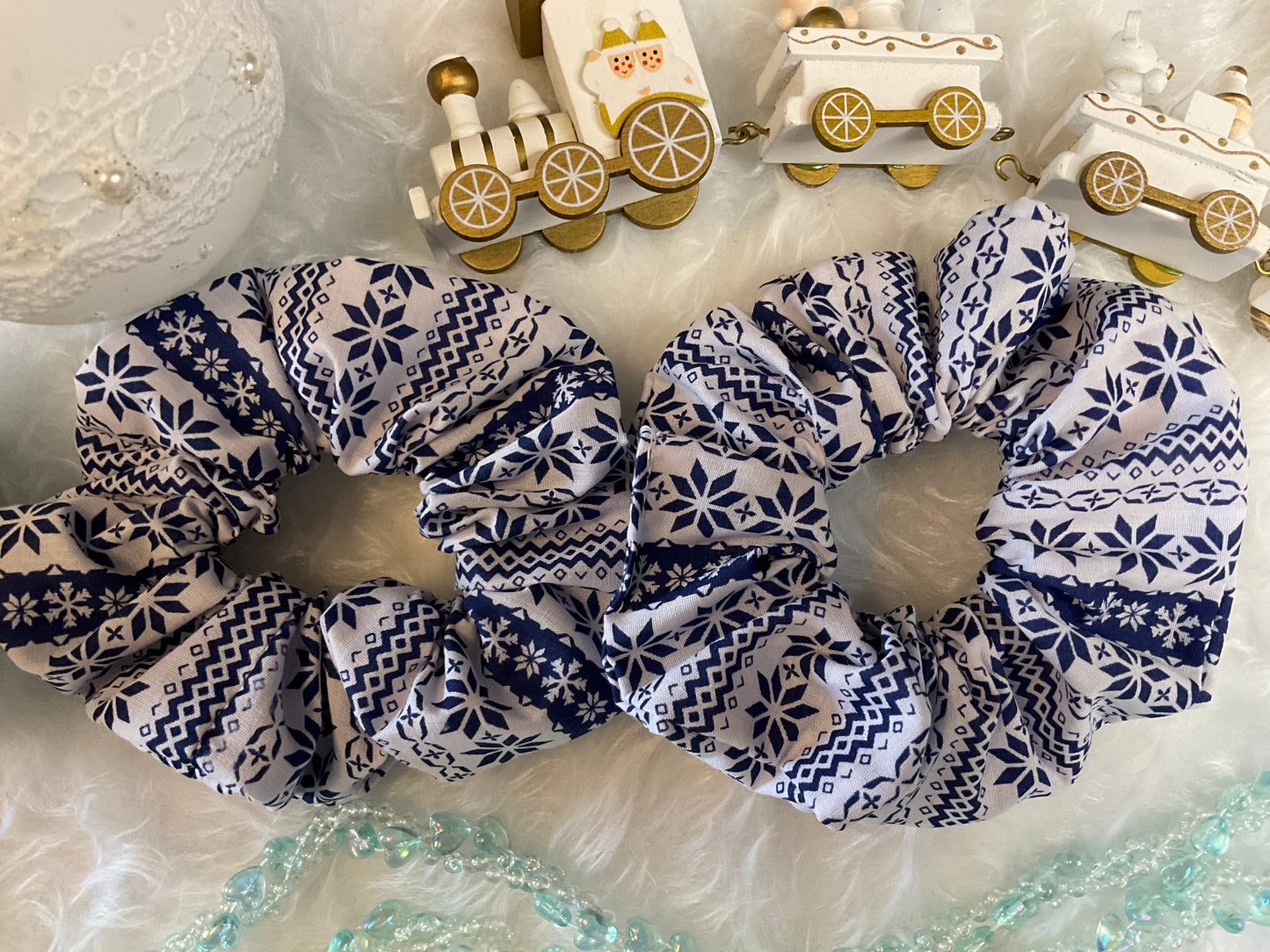 Blue And White Snowflakes Christmas Hair Scrunchies