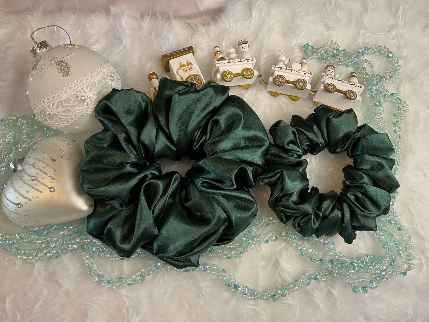 The Helen Satin Bottle Green Hair Scrunchies