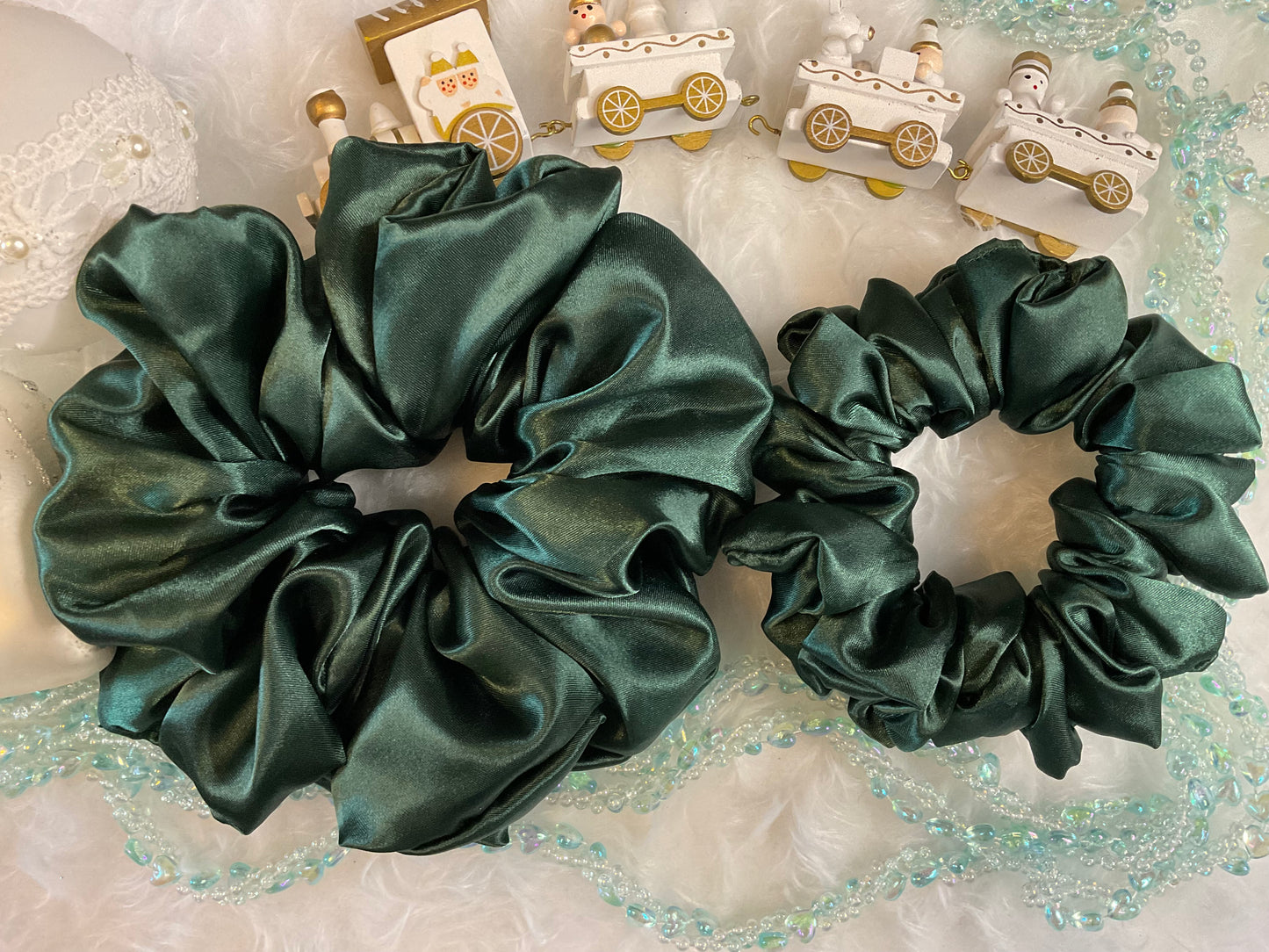 The Helen Satin Bottle Green Hair Scrunchies