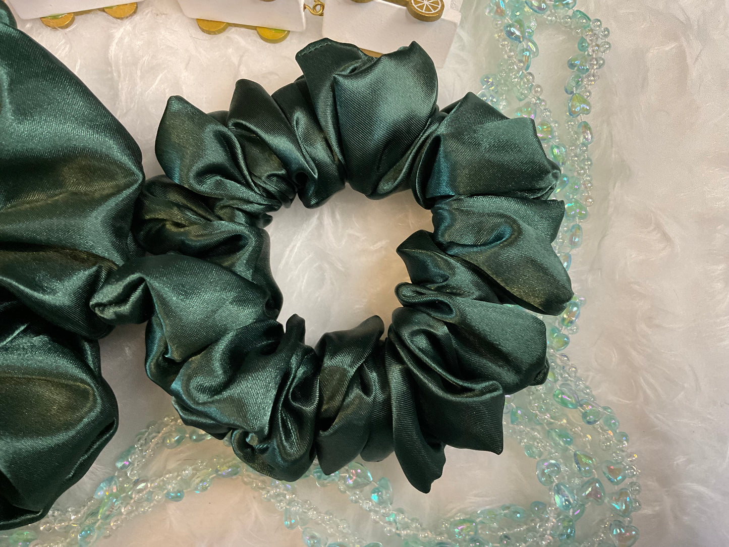 The Helen Satin Bottle Green Hair Scrunchies