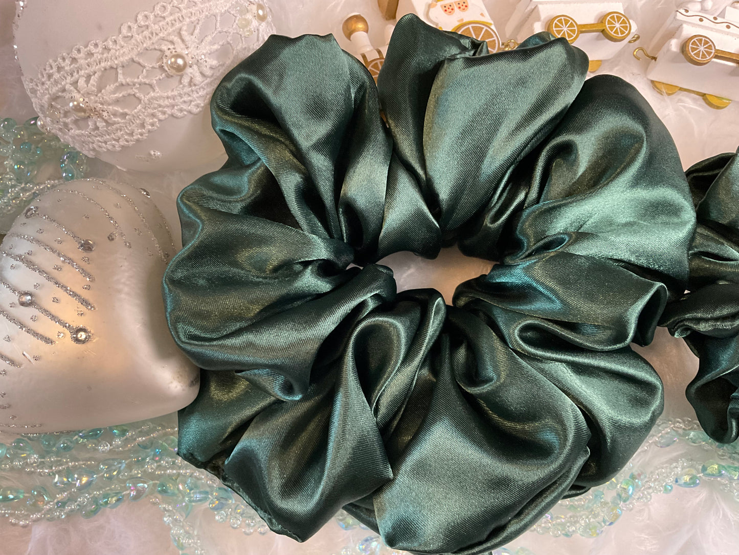 The Helen Satin Bottle Green Hair Scrunchies