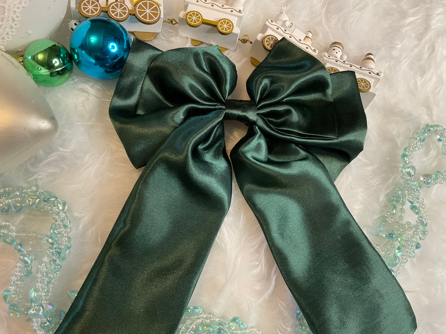 Bottle Green Satin Bow Hair Clip