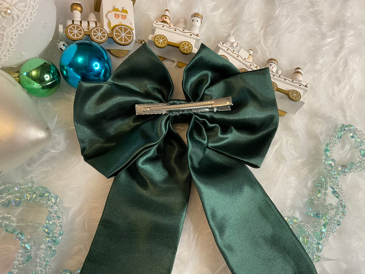 Bottle Green Satin Bow Hair Clip