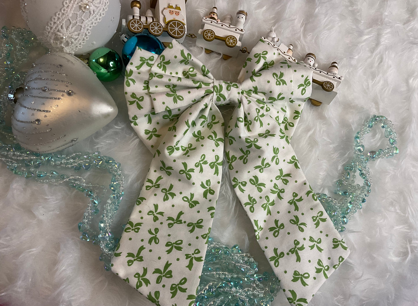White With Green Bows Hair Bow Clip