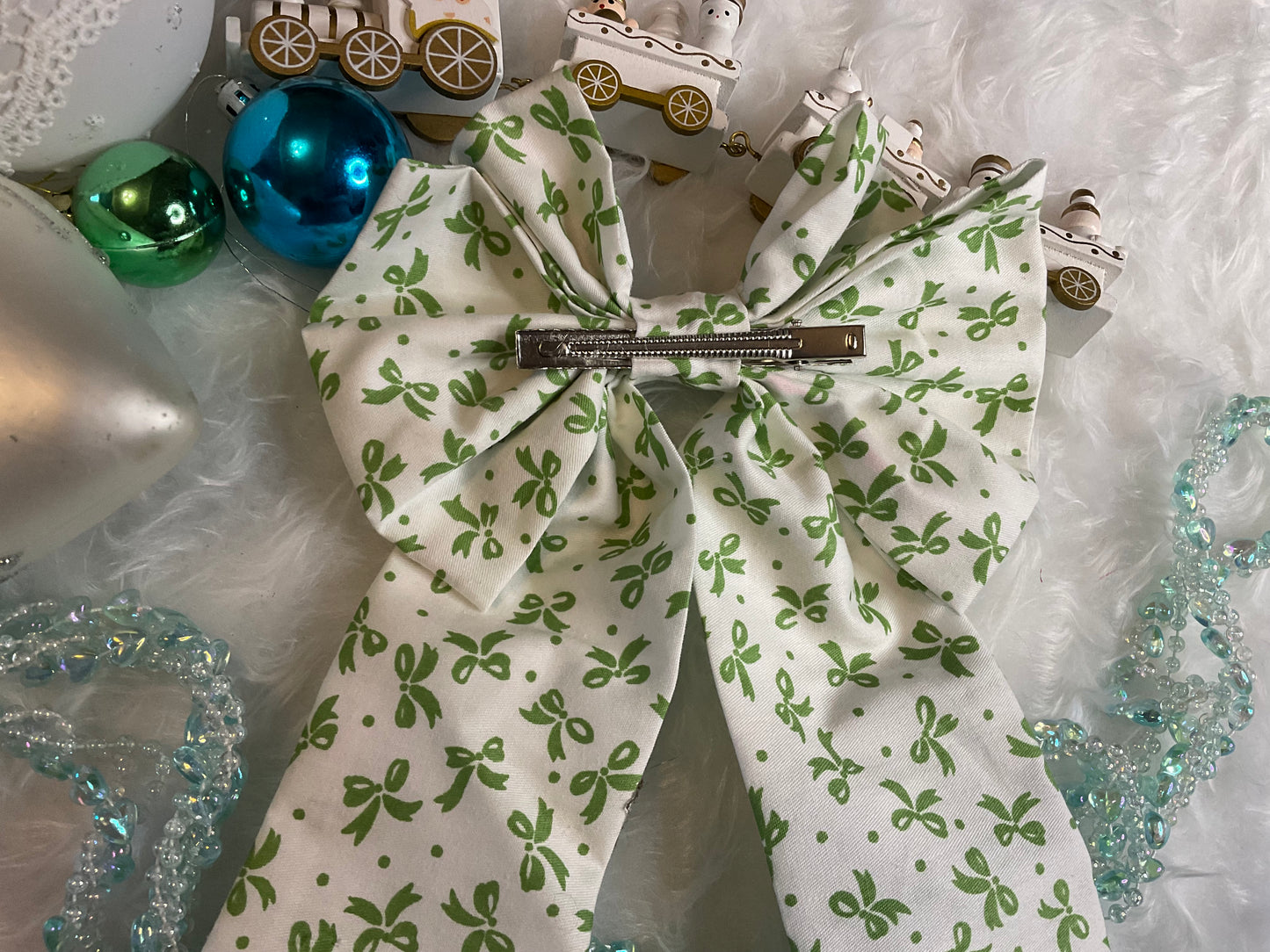 White With Green Bows Hair Bow Clip