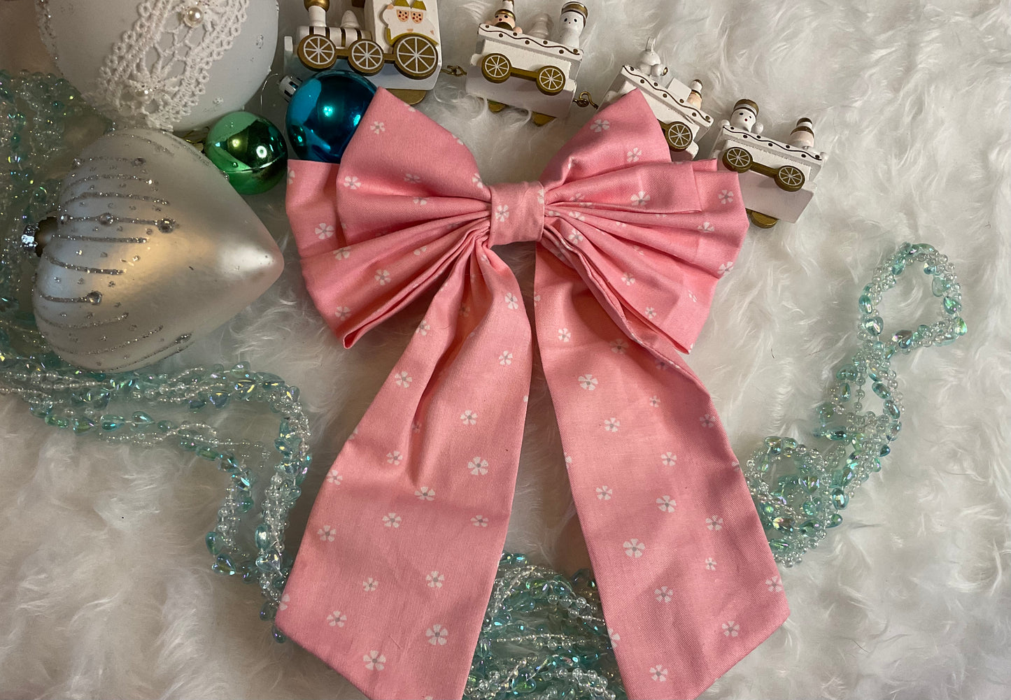 Pink With White Dainty Flowers Bows Hair Bow Clip