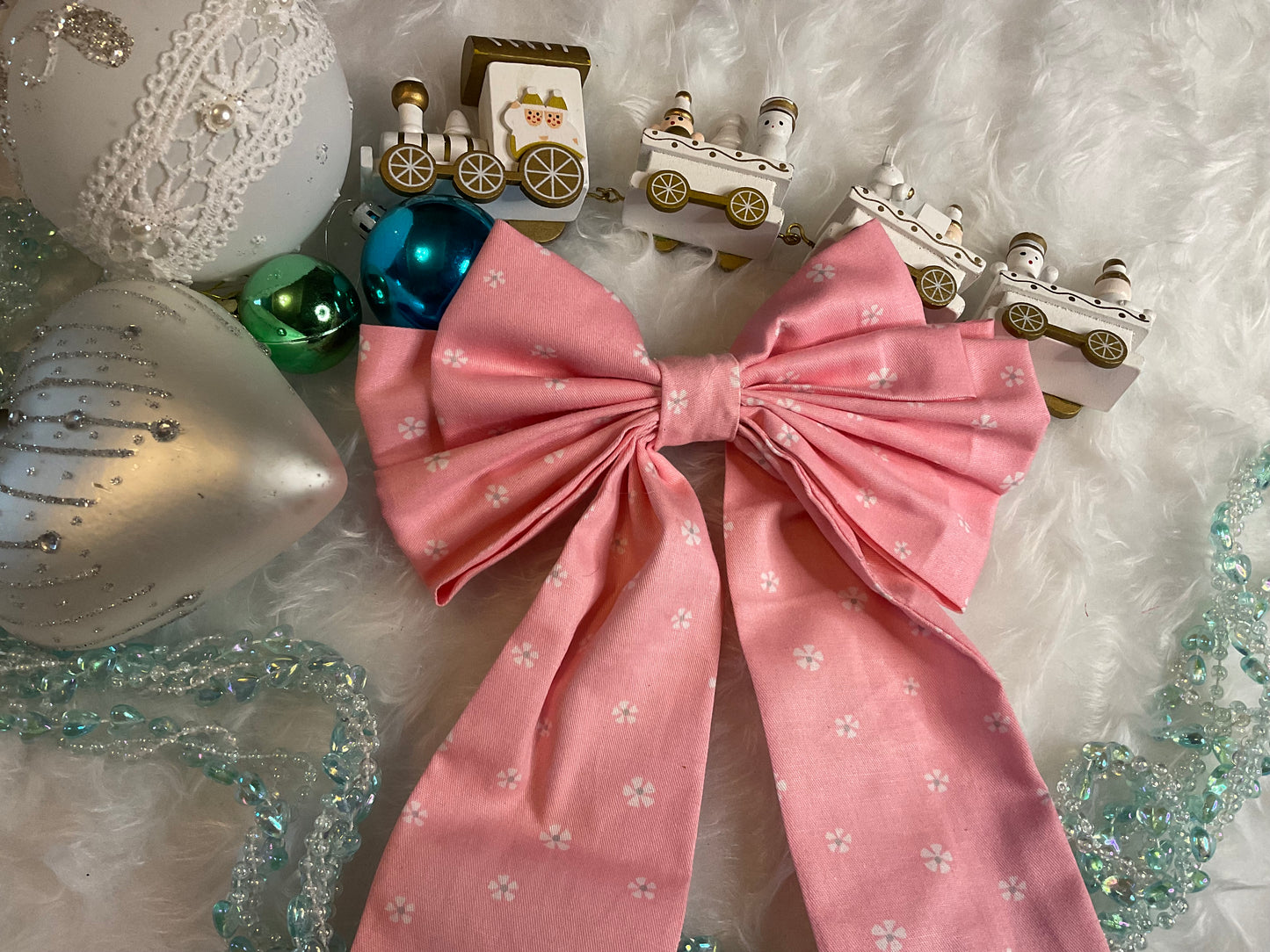 Pink With White Dainty Flowers Bows Hair Bow Clip