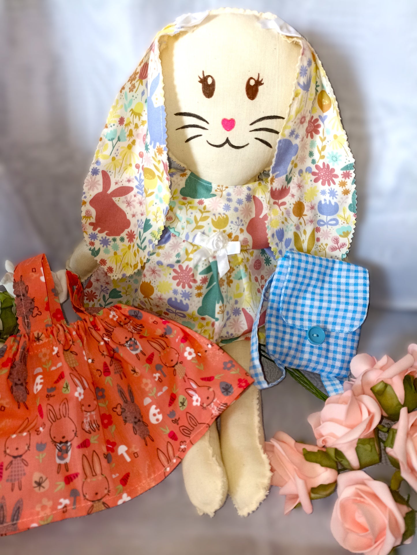 Introducing Mitzy and Buddy our Handmade Easter Bunnies With Backpack Extra Outfit Children Easter Gift Child Cuddly Toy Easter Time Soft Toy Fabric Springtime Bunny Rabbit