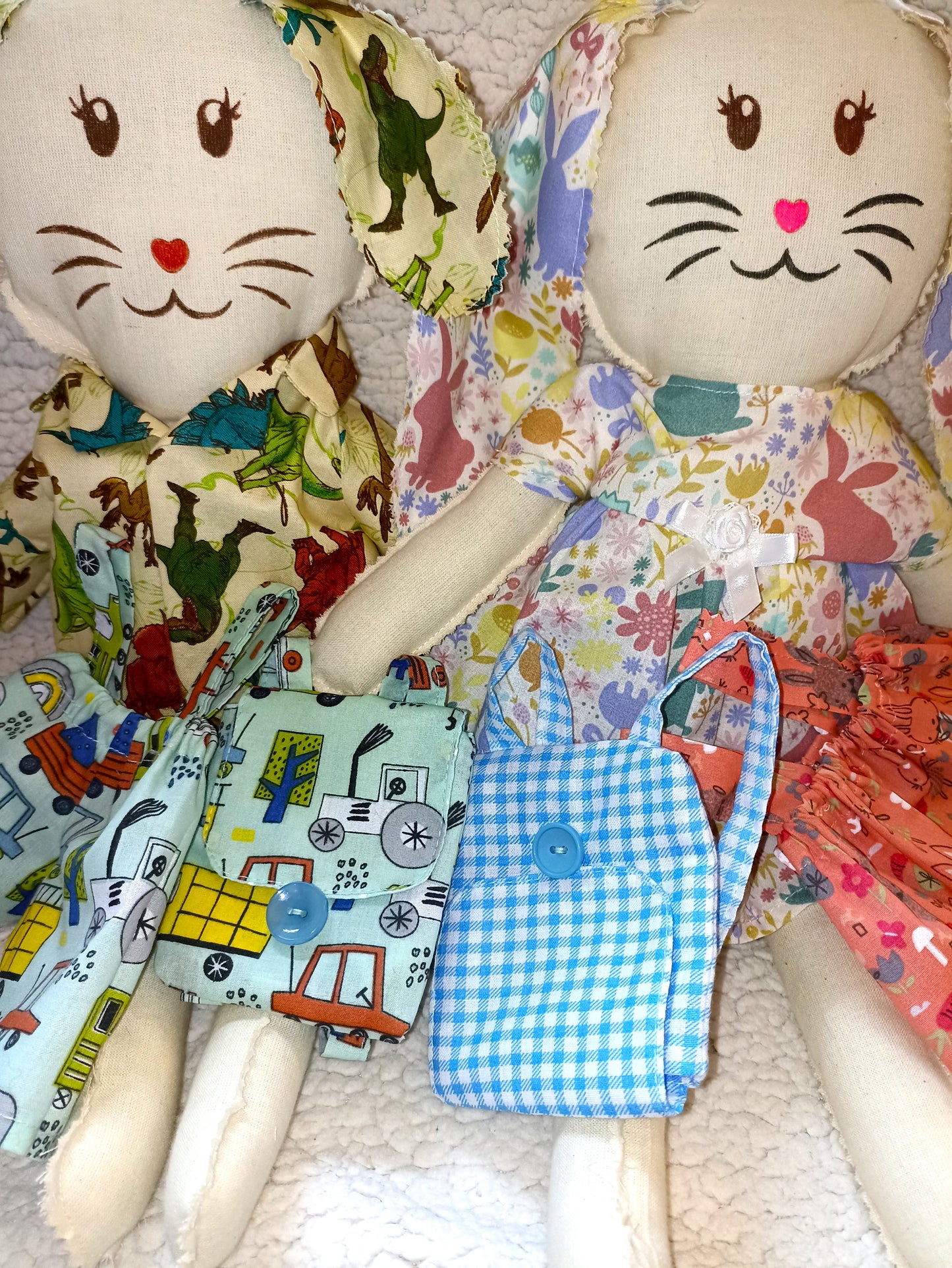 Introducing Mitzy and Buddy our Handmade Easter Bunnies With Backpack Extra Outfit Children Easter Gift Child Cuddly Toy Easter Time Soft Toy Fabric Springtime Bunny Rabbit