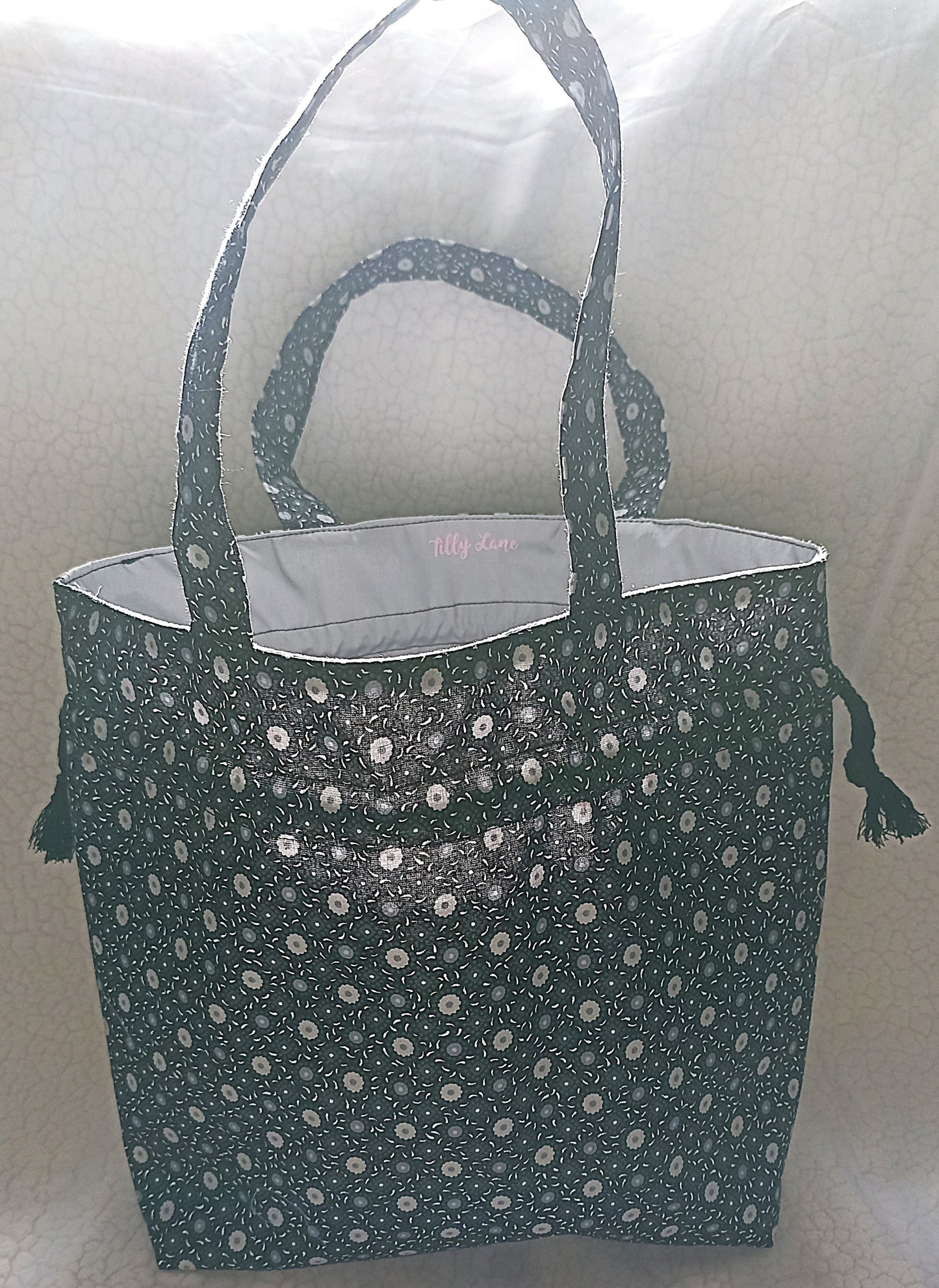 Black With Grey and White Flowers  Drawstring Bag Unique Durable Gift For Her Sustainable Fashionable Fully Lined With Inside Pocket