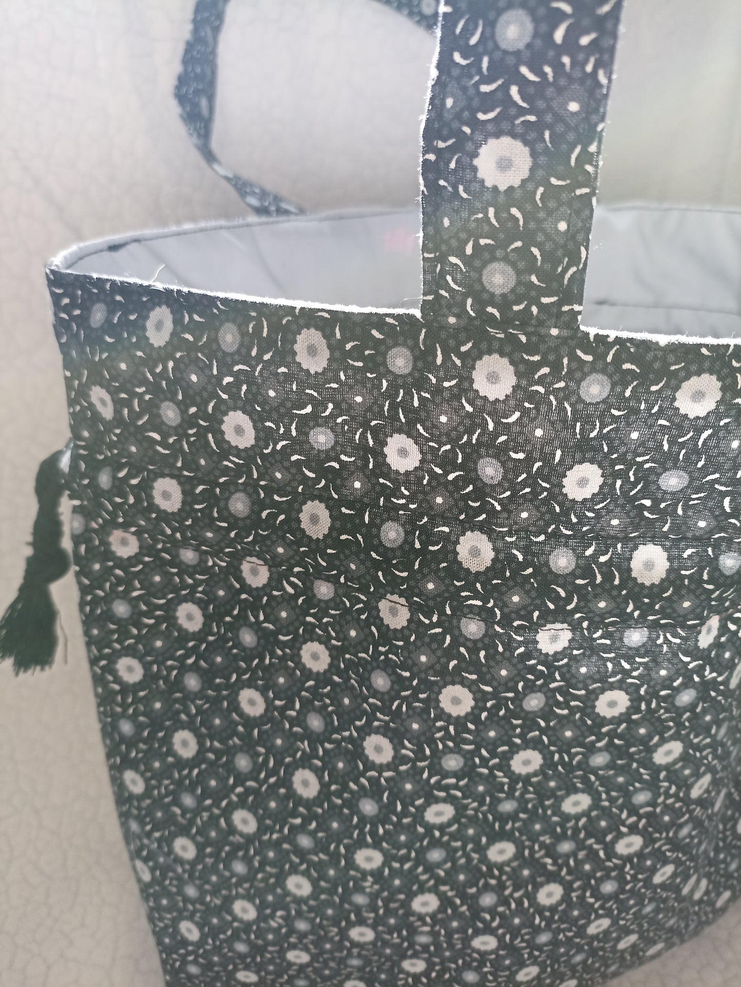 Black With Grey and White Flowers  Drawstring Bag Unique Durable Gift For Her Sustainable Fashionable Fully Lined With Inside Pocket