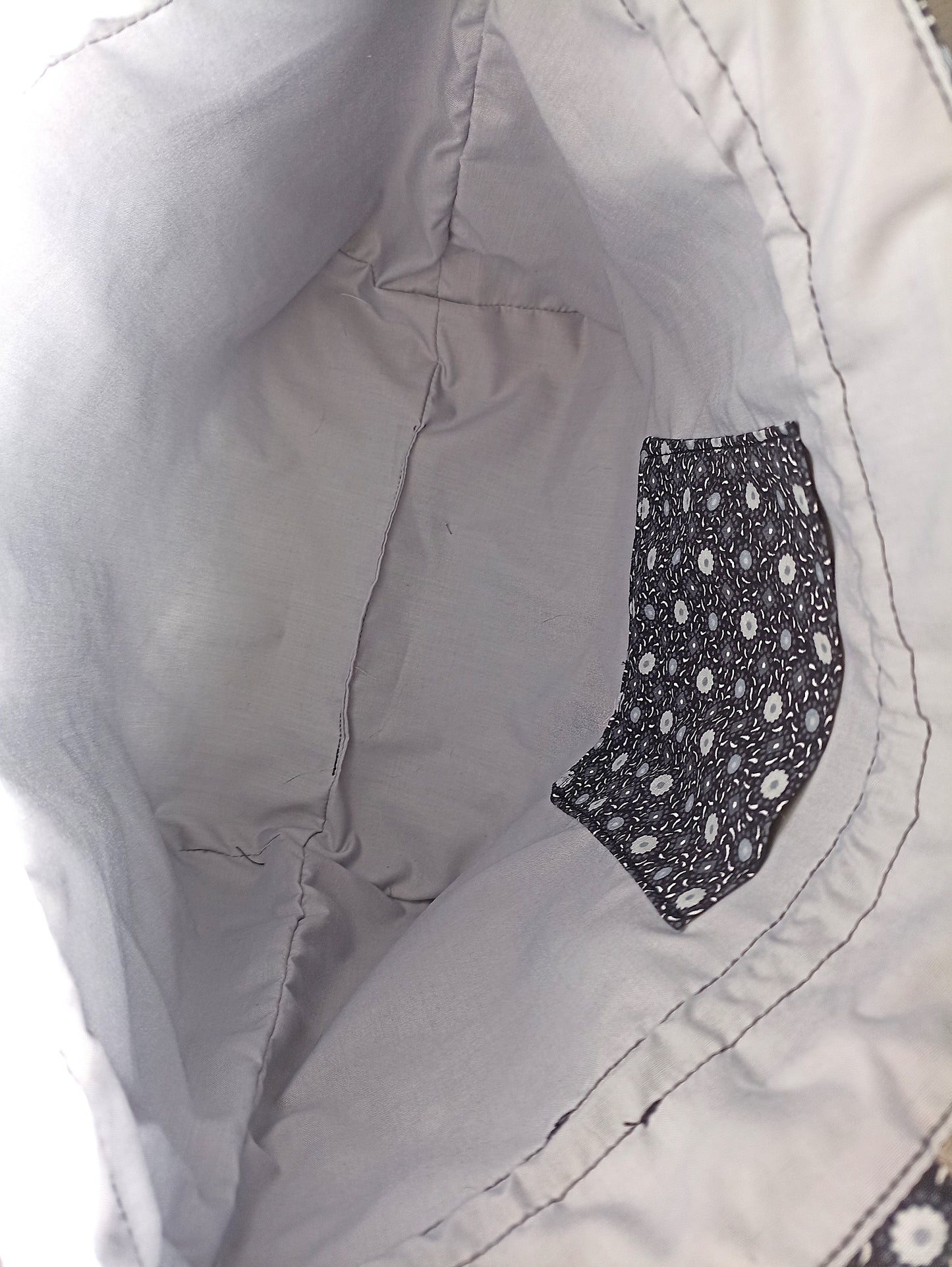 Black With Grey and White Flowers  Drawstring Bag Unique Durable Gift For Her Sustainable Fashionable Fully Lined With Inside Pocket