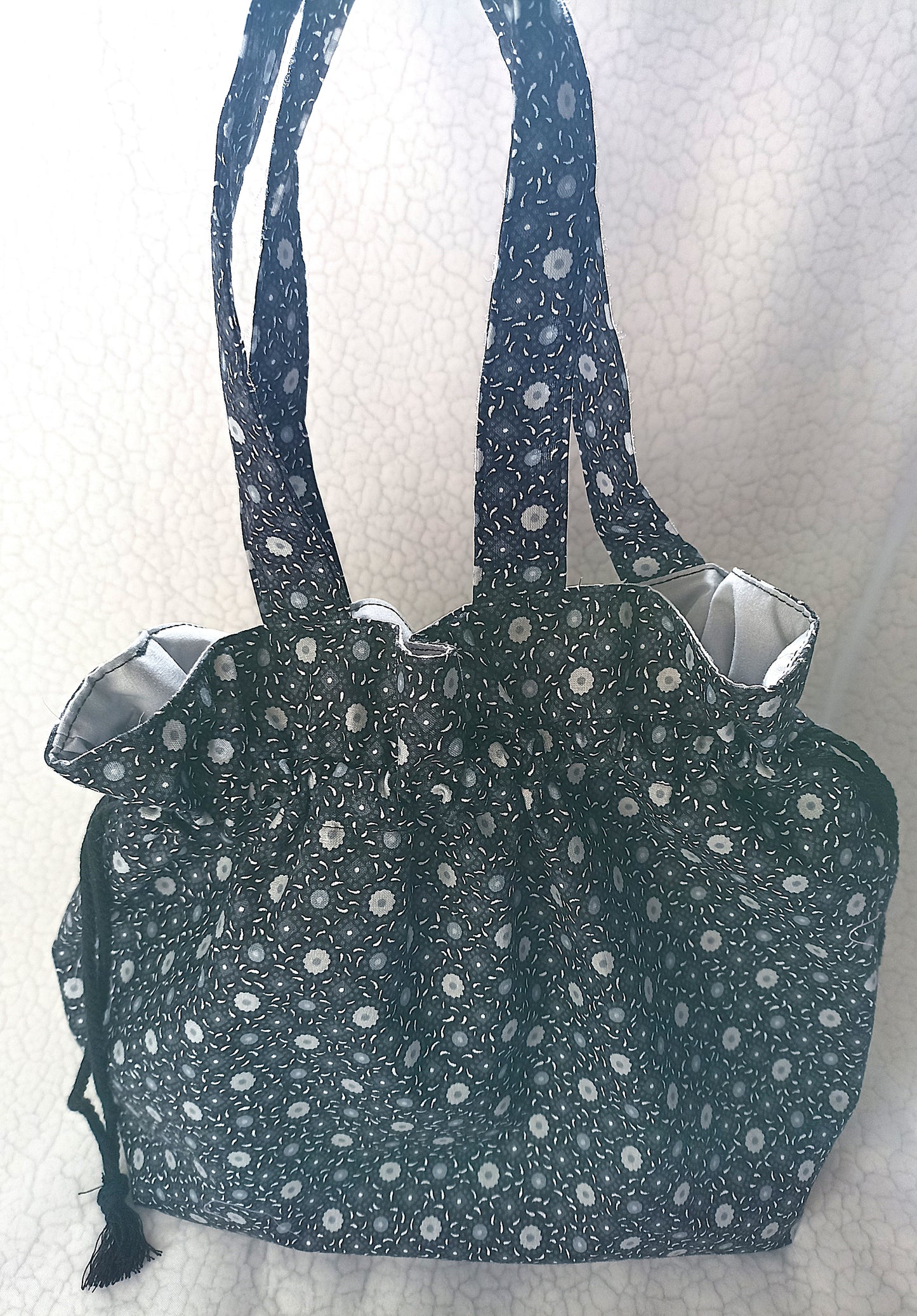 Black With Grey and White Flowers  Drawstring Bag Unique Durable Gift For Her Sustainable Fashionable Fully Lined With Inside Pocket