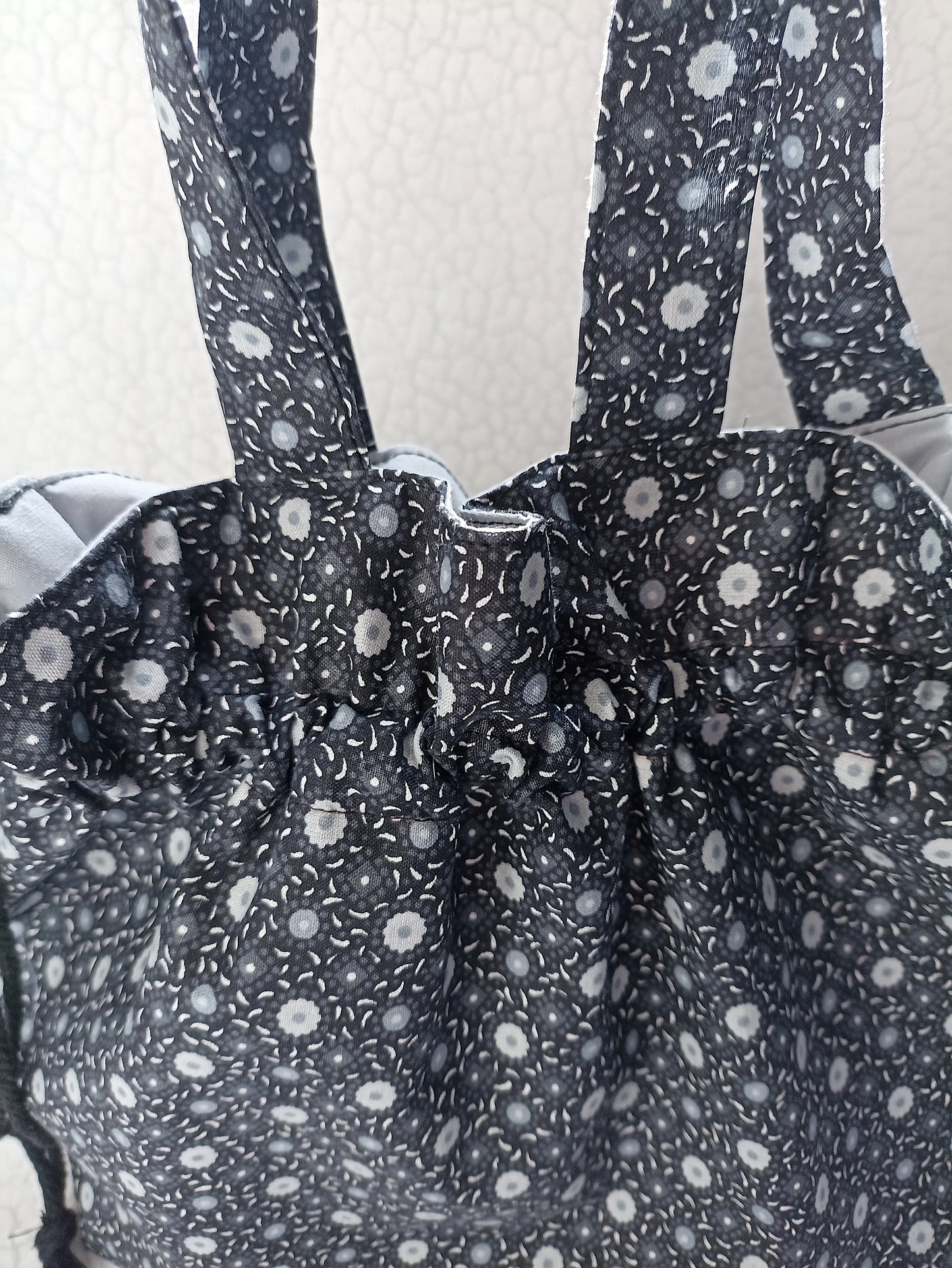 Black With Grey and White Flowers  Drawstring Bag Unique Durable Gift For Her Sustainable Fashionable Fully Lined With Inside Pocket
