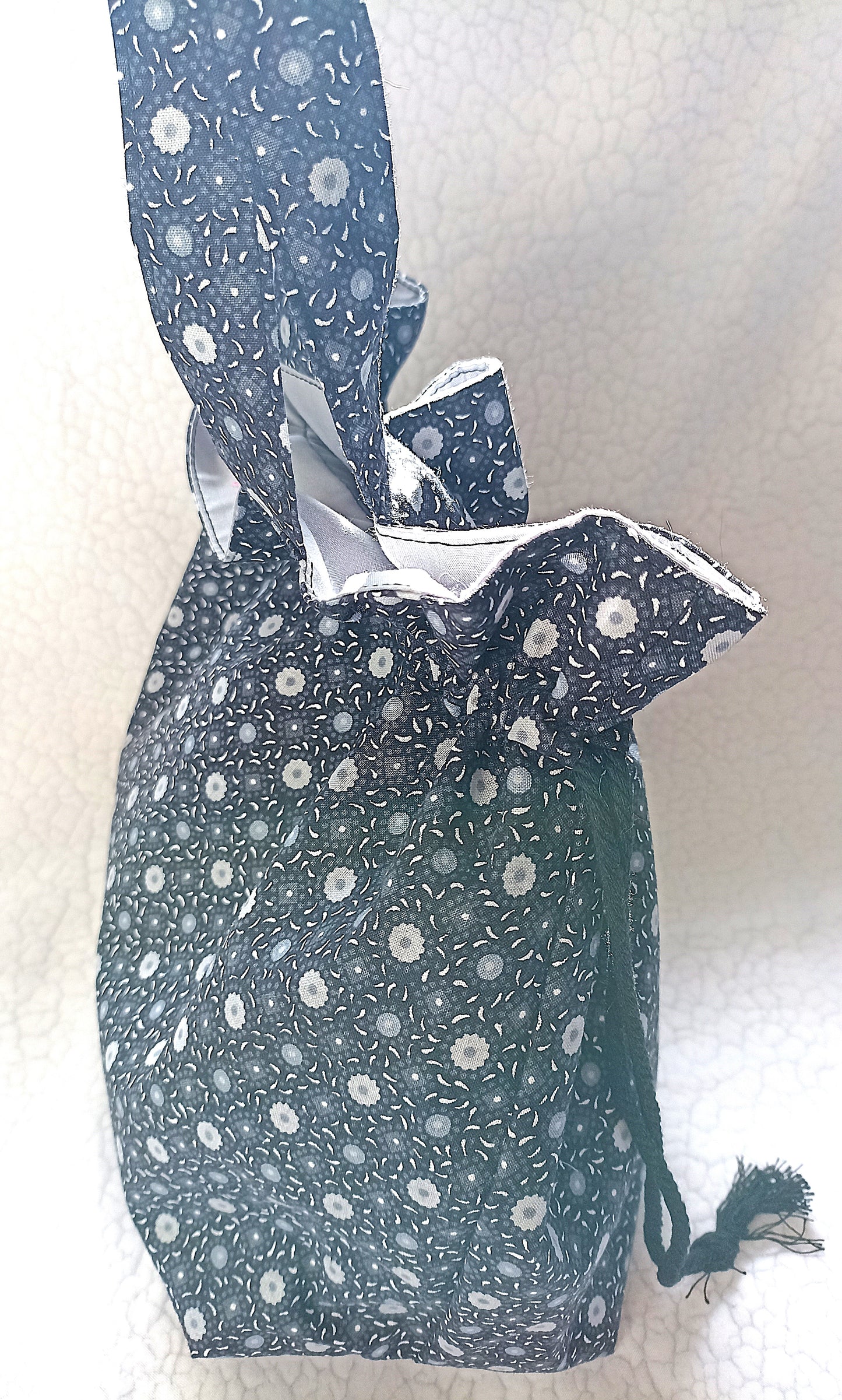 Black With Grey and White Flowers  Drawstring Bag Unique Durable Gift For Her Sustainable Fashionable Fully Lined With Inside Pocket