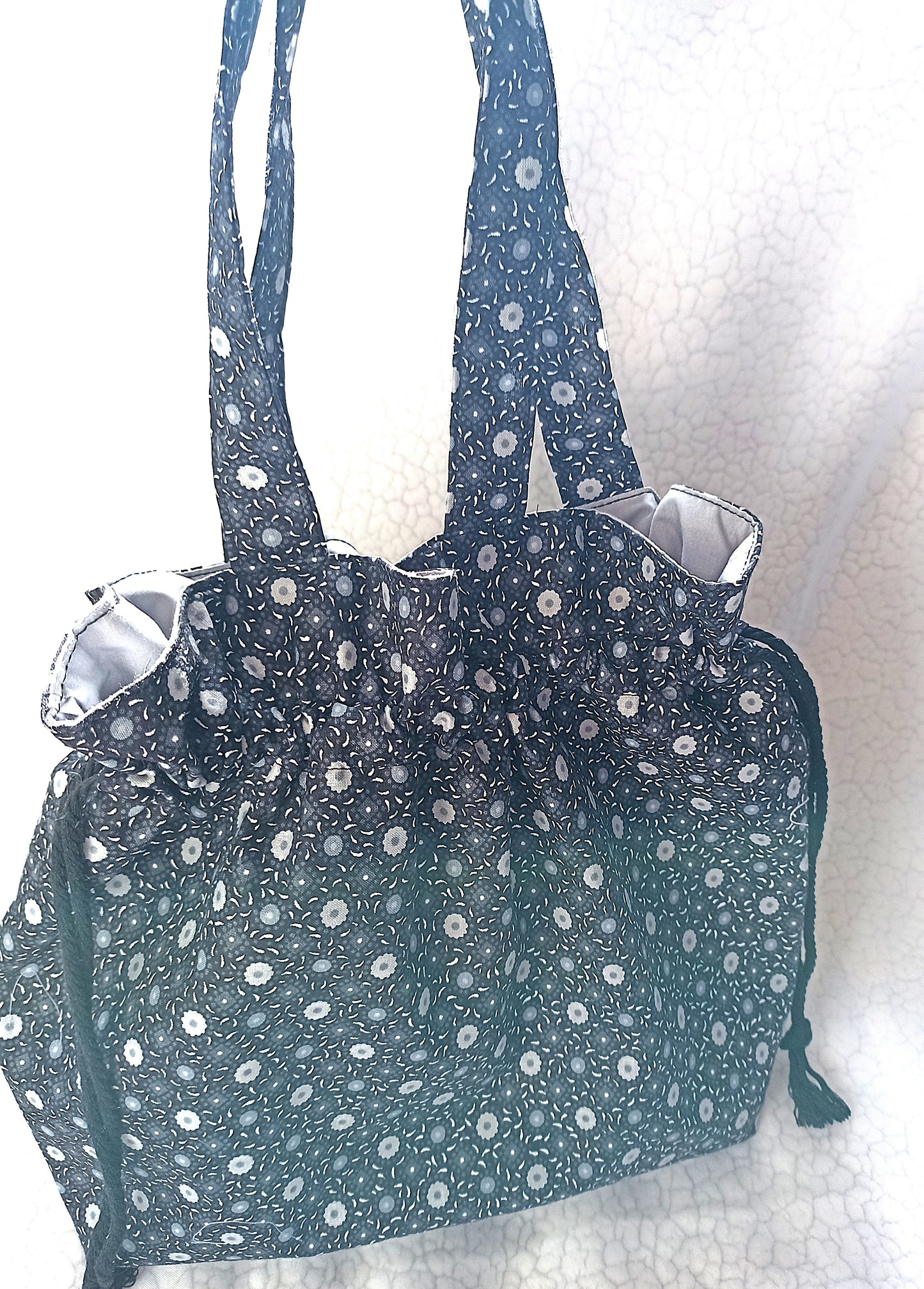 Black With Grey and White Flowers  Drawstring Bag Unique Durable Gift For Her Sustainable Fashionable Fully Lined With Inside Pocket