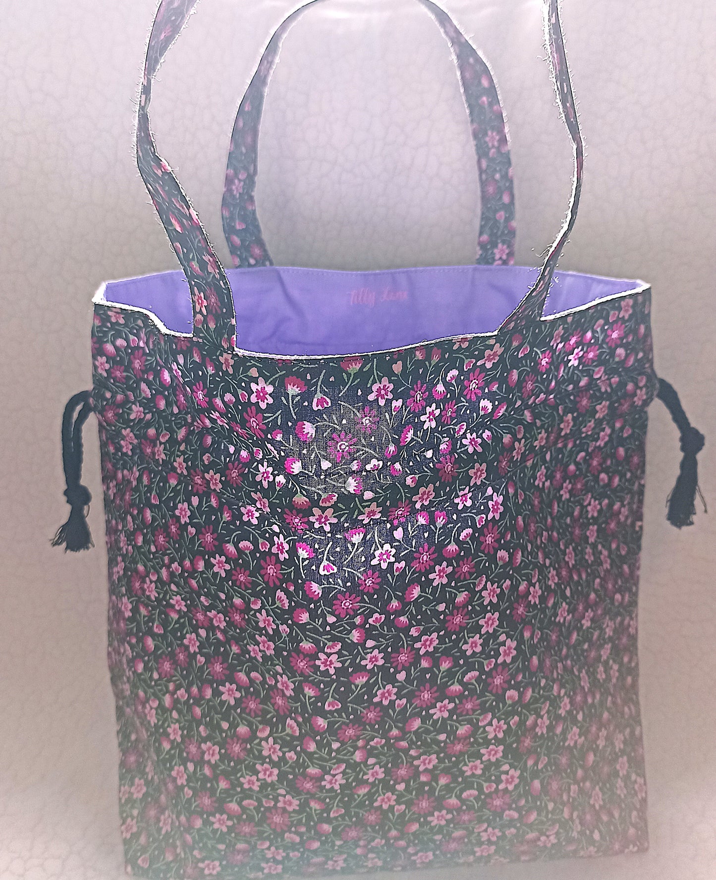Black With Dainty Pink Purple Flowers  Drawstring Bag Unique Durable Gift For Her Sustainable Fashionable Fully Lined With Inside Pocket