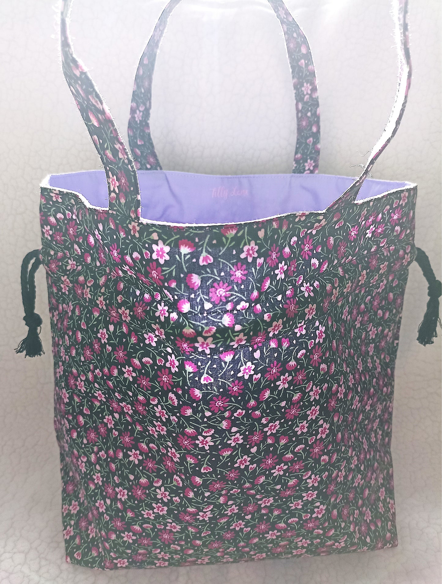 Black With Dainty Pink Purple Flowers  Drawstring Bag Unique Durable Gift For Her Sustainable Fashionable Fully Lined With Inside Pocket