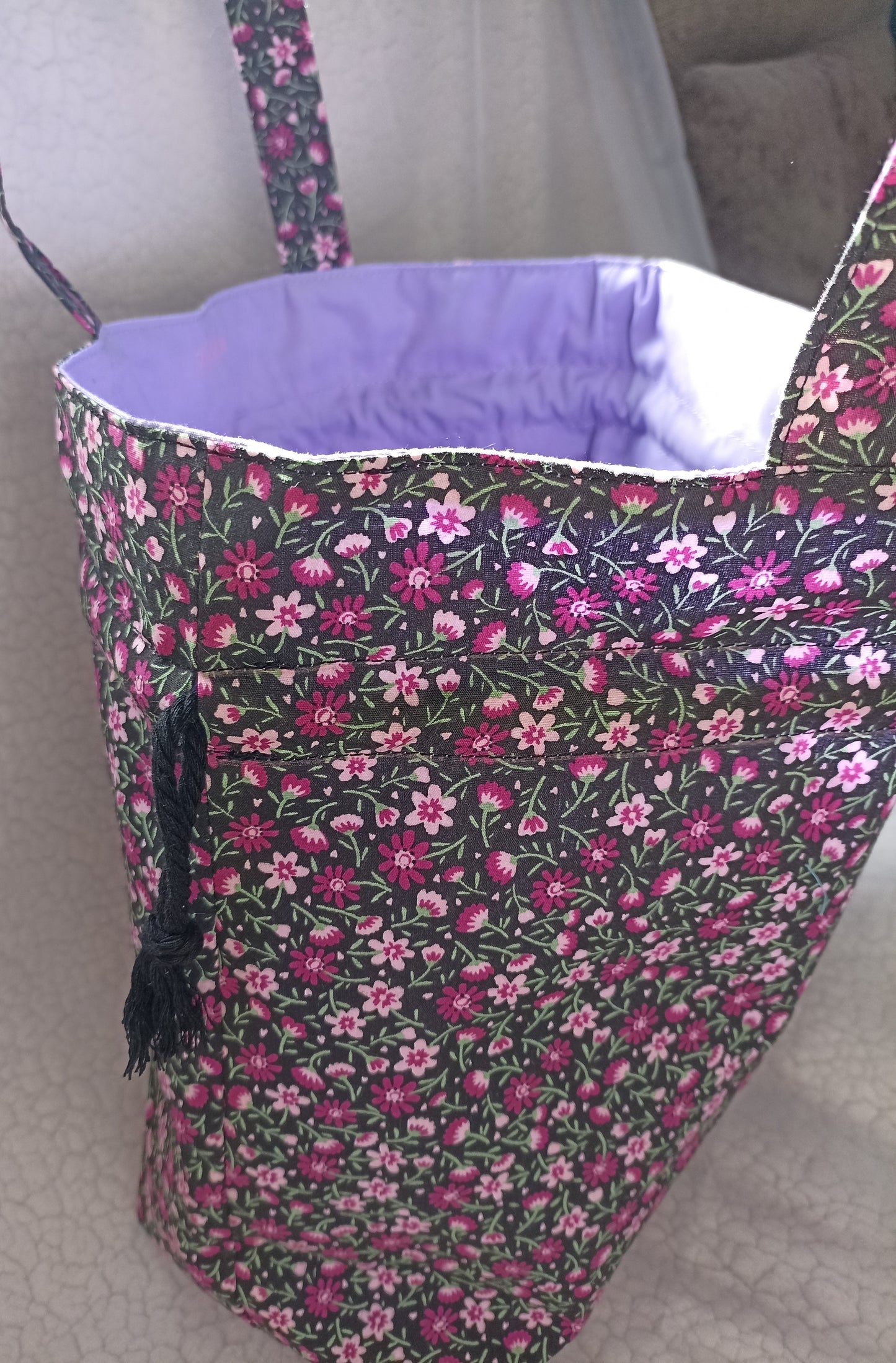 Black With Dainty Pink Purple Flowers  Drawstring Bag Unique Durable Gift For Her Sustainable Fashionable Fully Lined With Inside Pocket