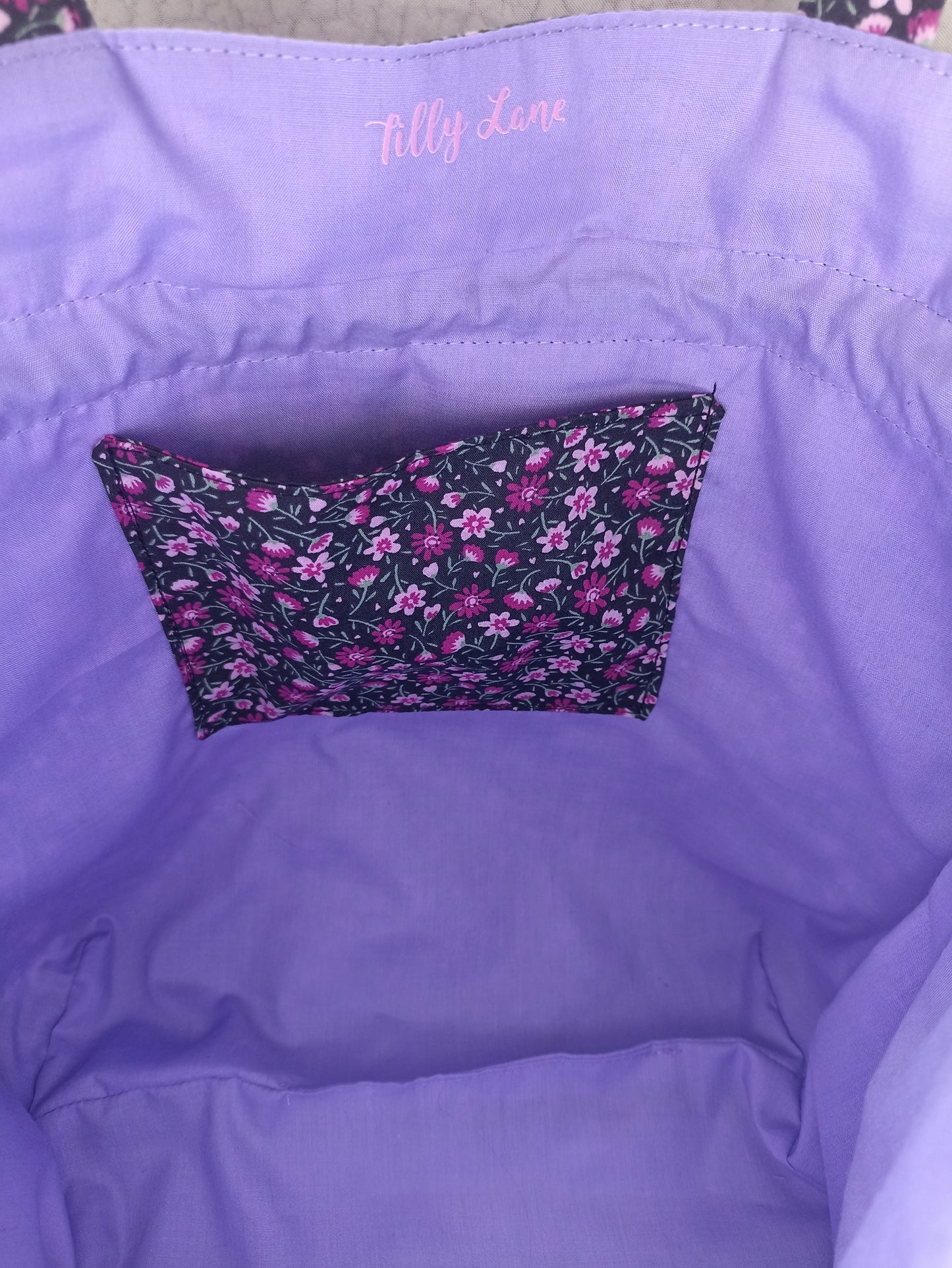 Black With Dainty Pink Purple Flowers  Drawstring Bag Unique Durable Gift For Her Sustainable Fashionable Fully Lined With Inside Pocket