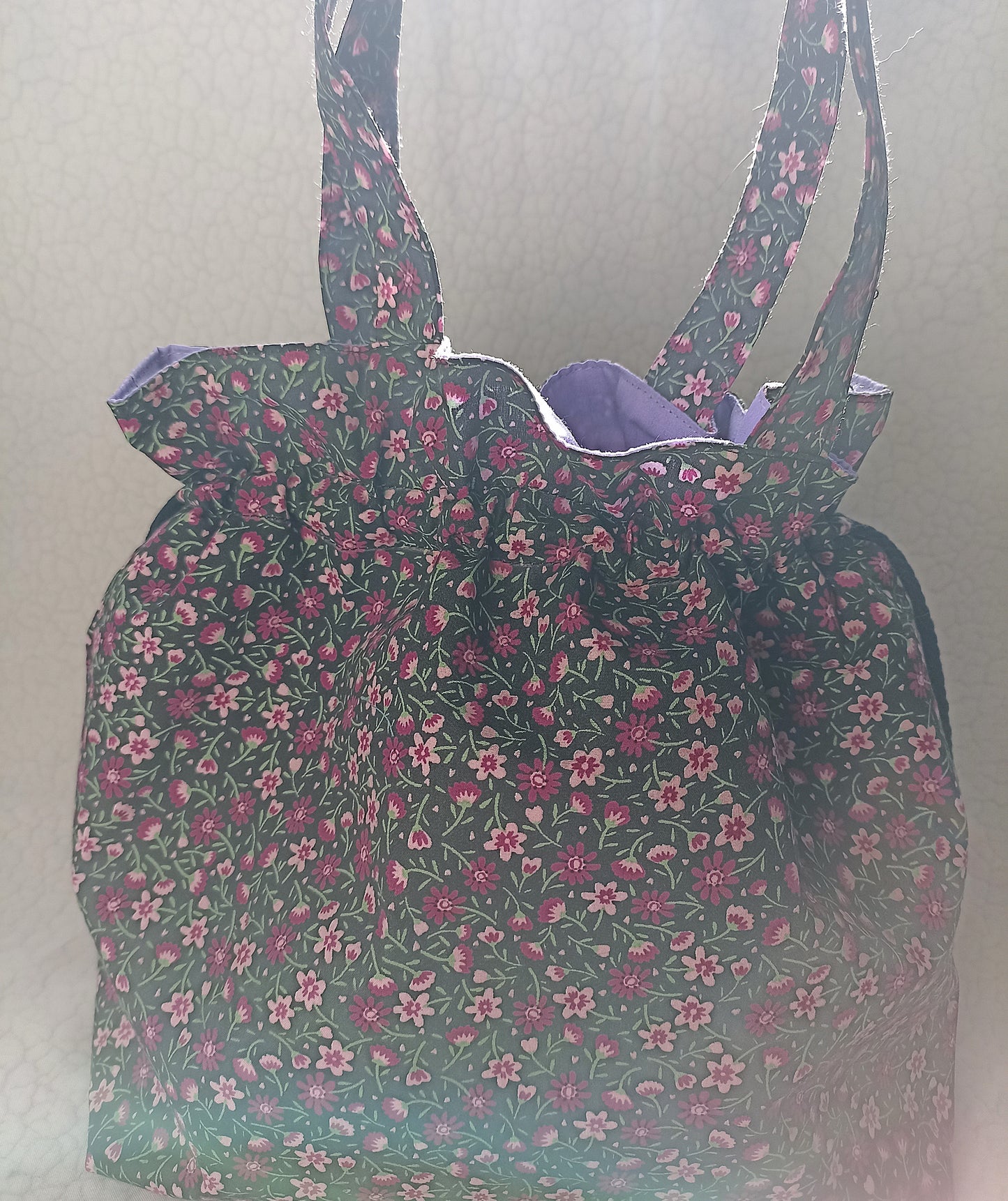 Black With Dainty Pink Purple Flowers  Drawstring Bag Unique Durable Gift For Her Sustainable Fashionable Fully Lined With Inside Pocket