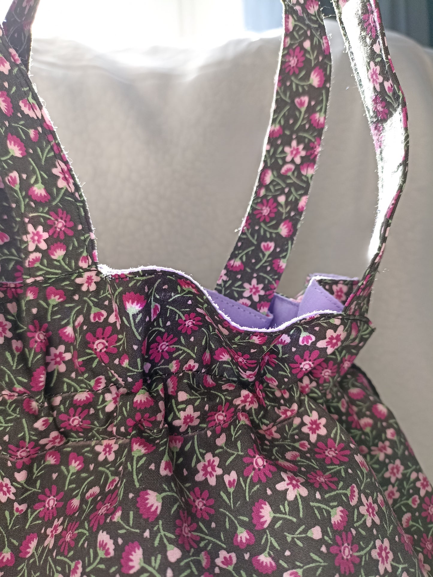 Black With Dainty Pink Purple Flowers  Drawstring Bag Unique Durable Gift For Her Sustainable Fashionable Fully Lined With Inside Pocket