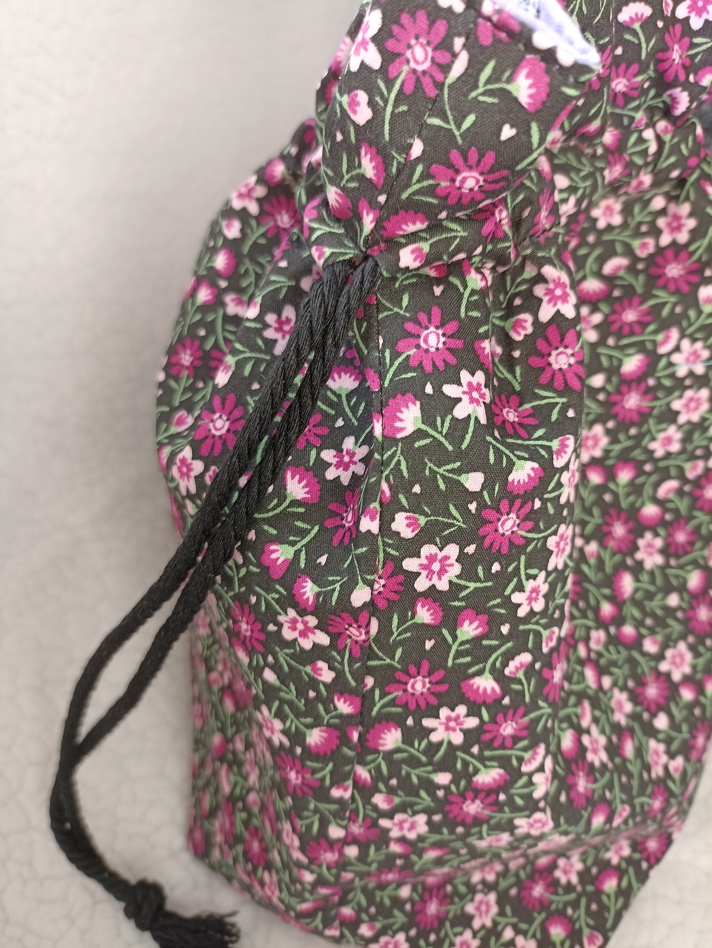 Black With Dainty Pink Purple Flowers  Drawstring Bag Unique Durable Gift For Her Sustainable Fashionable Fully Lined With Inside Pocket