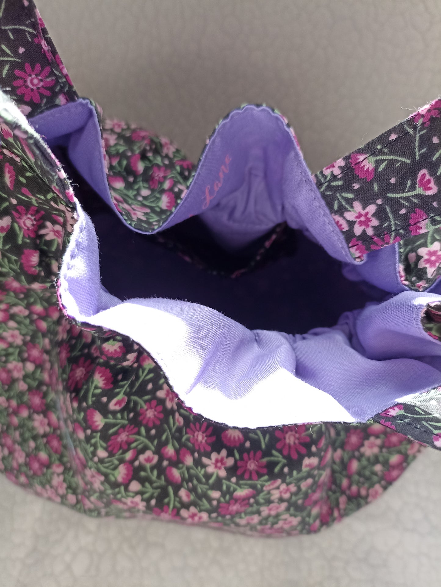 Black With Dainty Pink Purple Flowers  Drawstring Bag Unique Durable Gift For Her Sustainable Fashionable Fully Lined With Inside Pocket