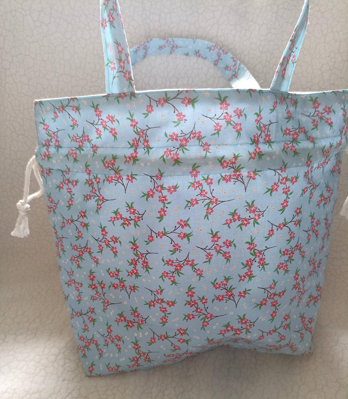 Sky Blue With Red Dainty Flowers Drawstring Bag Unique Durable Gift For Her Sustainable Fashionable Fully Lined With Inside Pocket