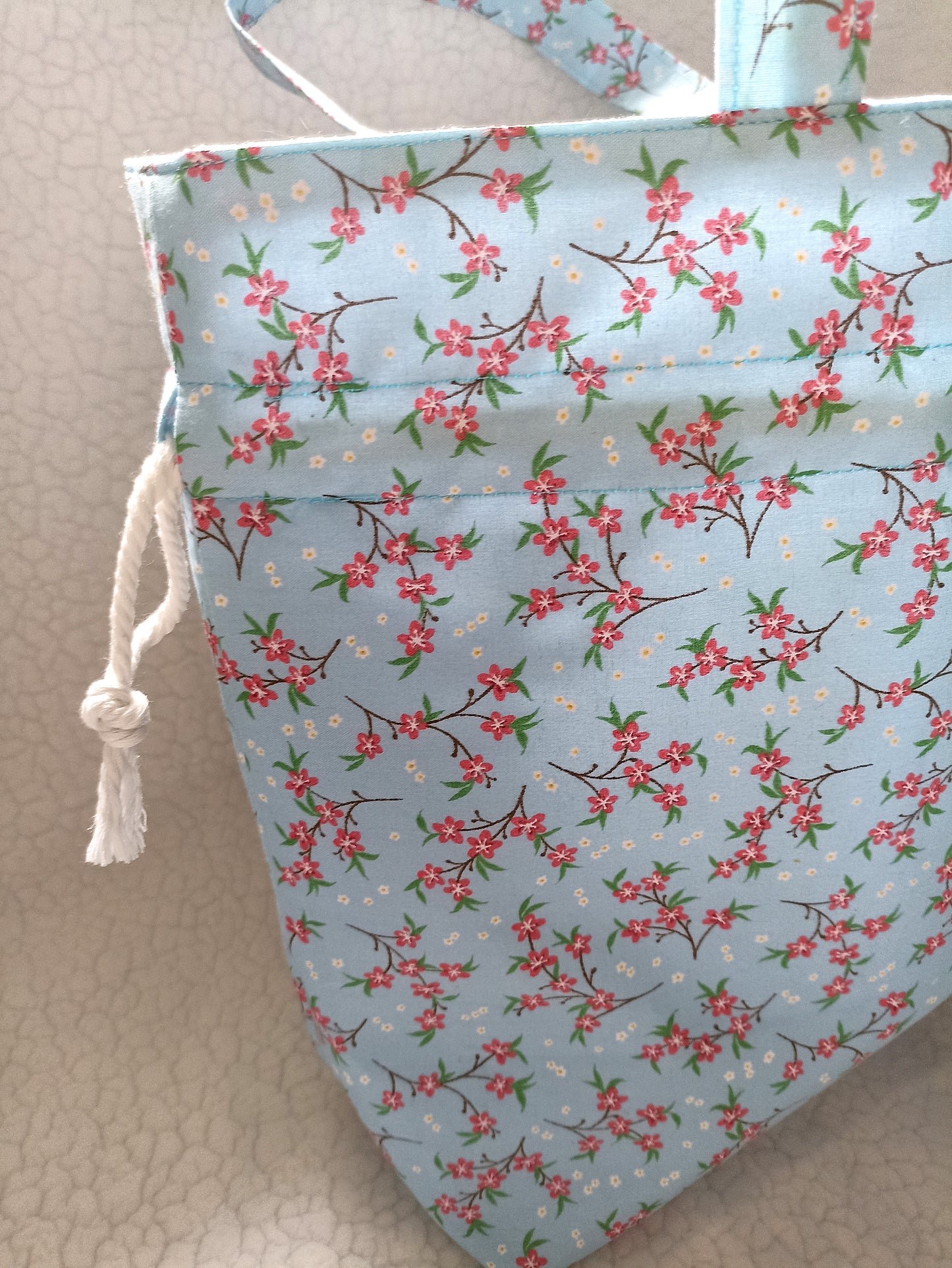 Sky Blue With Red Dainty Flowers Drawstring Bag Unique Durable Gift For Her Sustainable Fashionable Fully Lined With Inside Pocket