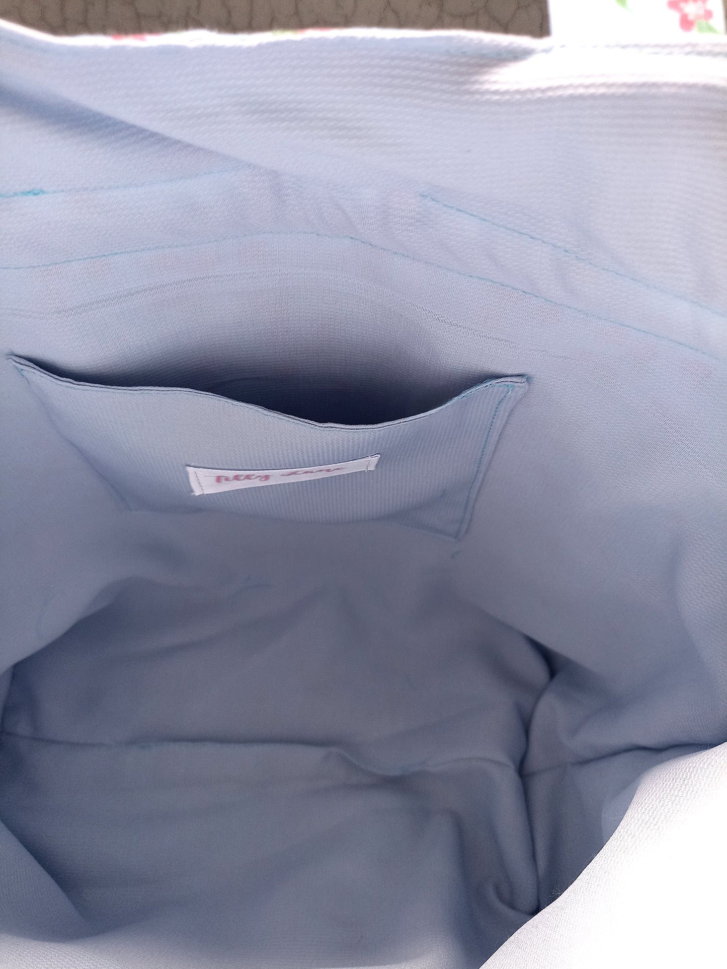 Sky Blue With Red Dainty Flowers Drawstring Bag Unique Durable Gift For Her Sustainable Fashionable Fully Lined With Inside Pocket