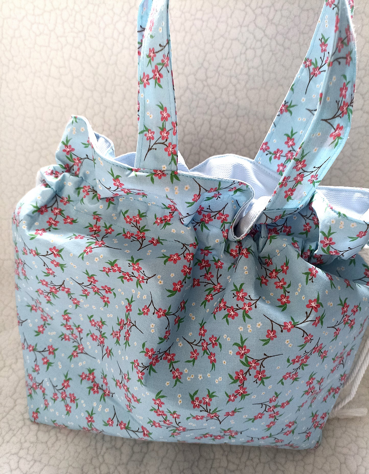 Sky Blue With Red Dainty Flowers Drawstring Bag Unique Durable Gift For Her Sustainable Fashionable Fully Lined With Inside Pocket