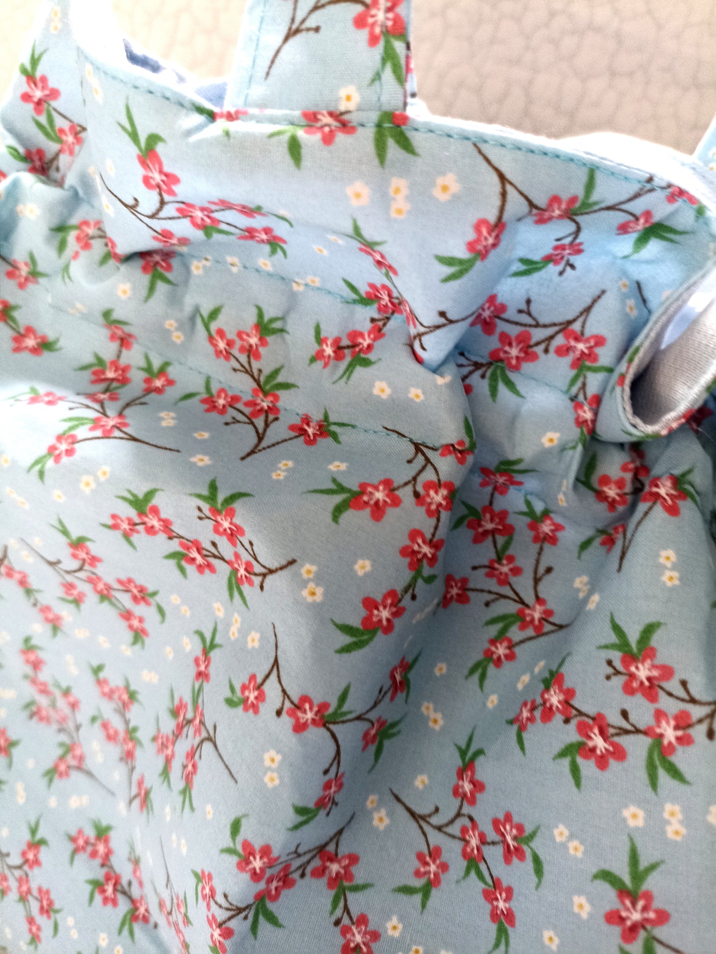 Sky Blue With Red Dainty Flowers Drawstring Bag Unique Durable Gift For Her Sustainable Fashionable Fully Lined With Inside Pocket