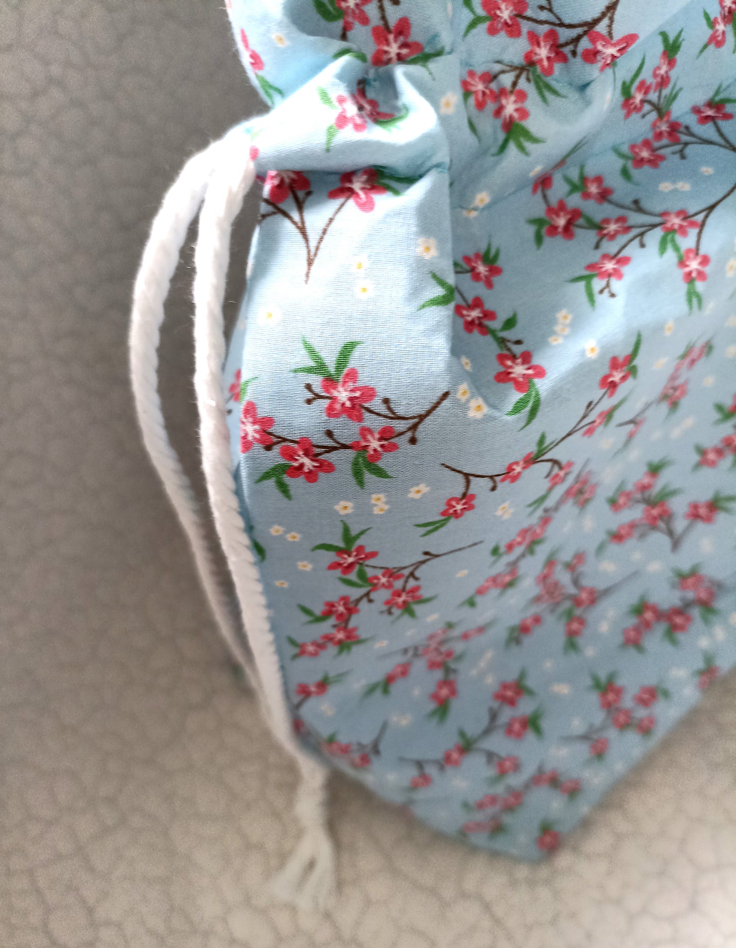 Sky Blue With Red Dainty Flowers Drawstring Bag Unique Durable Gift For Her Sustainable Fashionable Fully Lined With Inside Pocket