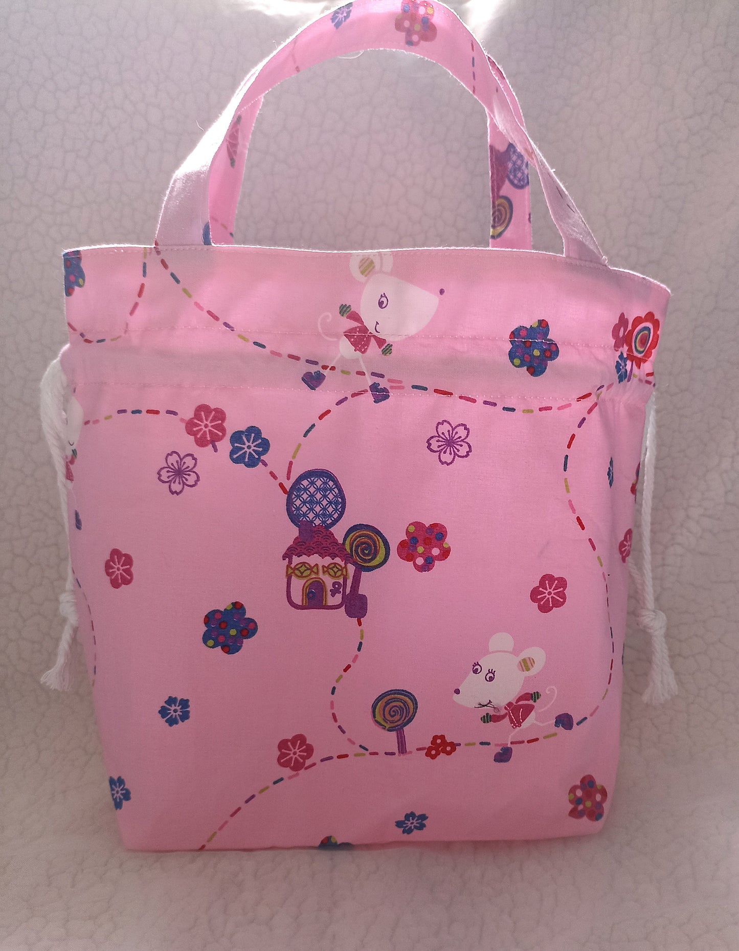 Pink Mouse On A Journey Drawstring Bag Unique Durable Gift For Her Sustainable Fashionable Fully Lined Inside Pocket Child Size Child Gift