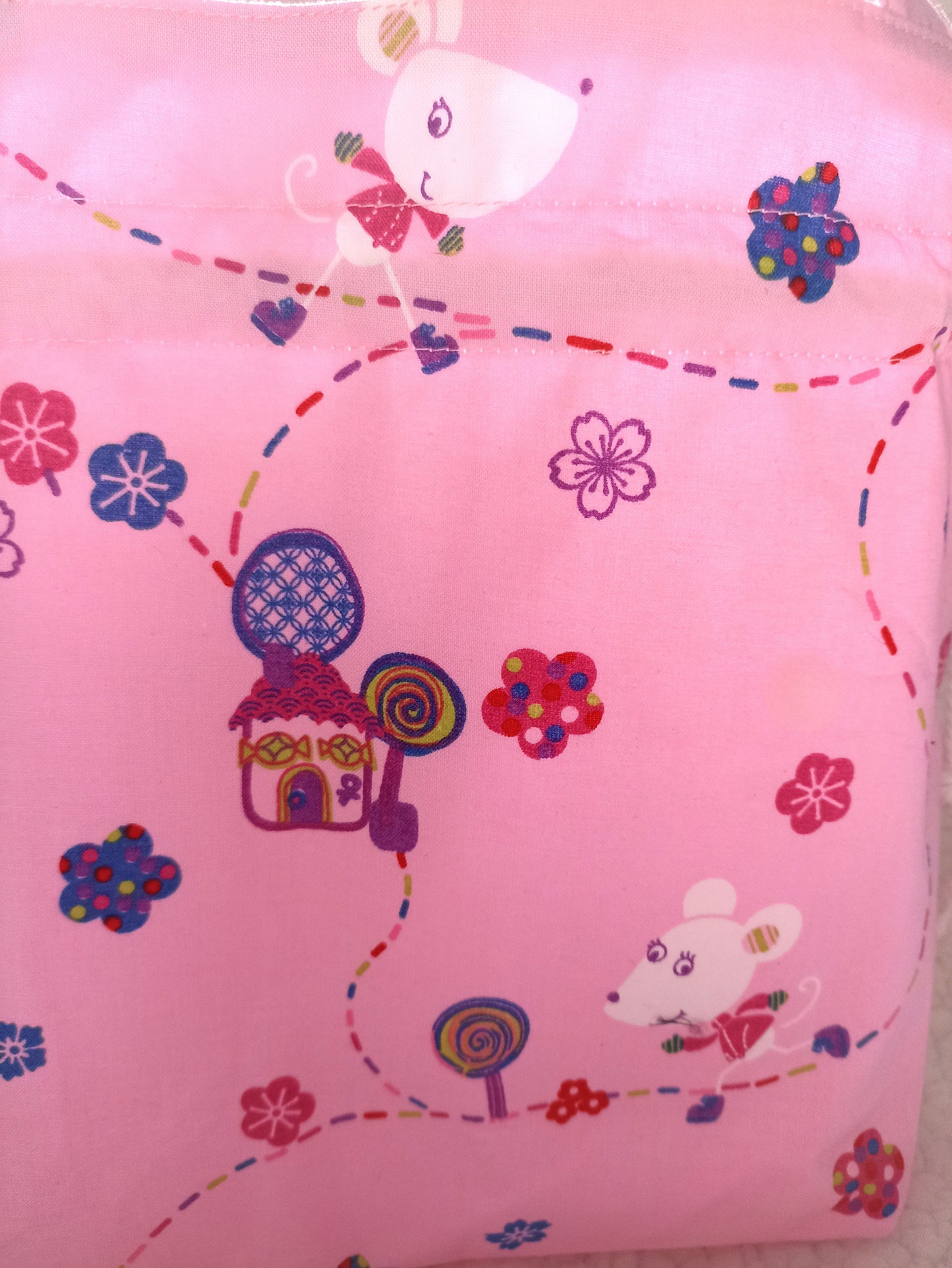 Pink Mouse On A Journey Drawstring Bag Unique Durable Gift For Her Sustainable Fashionable Fully Lined Inside Pocket Child Size Child Gift