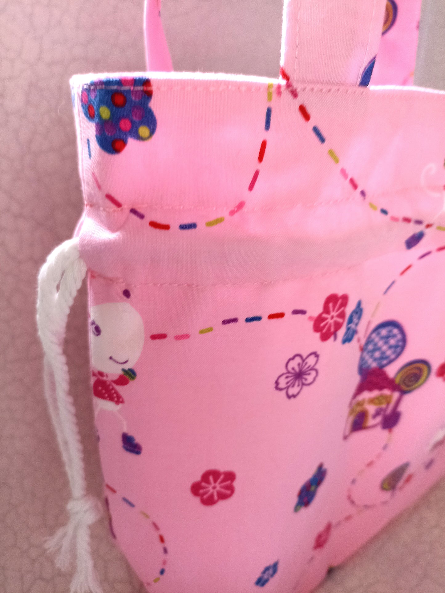 Pink Mouse On A Journey Drawstring Bag Unique Durable Gift For Her Sustainable Fashionable Fully Lined Inside Pocket Child Size Child Gift