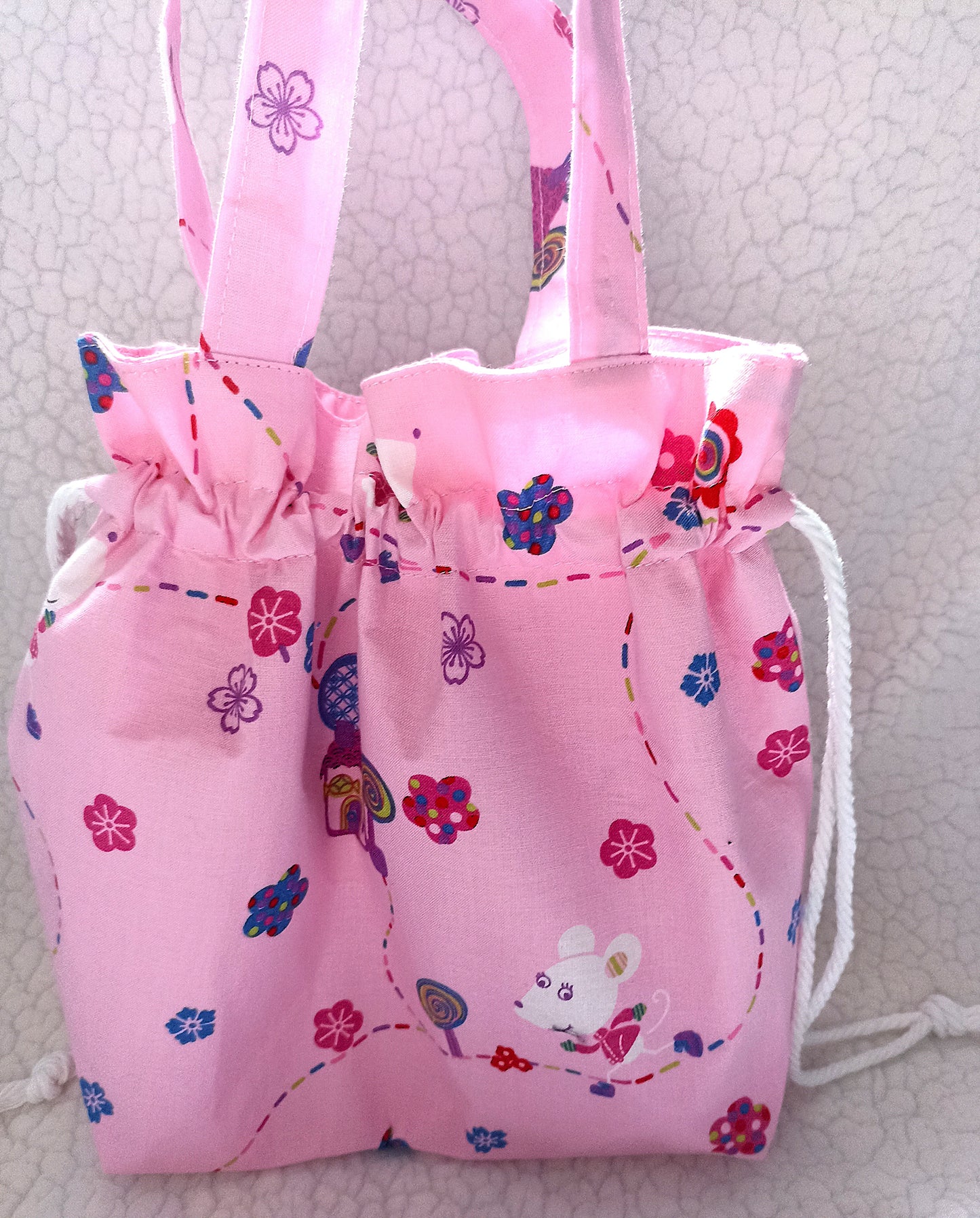 Pink Mouse On A Journey Drawstring Bag Unique Durable Gift For Her Sustainable Fashionable Fully Lined Inside Pocket Child Size Child Gift