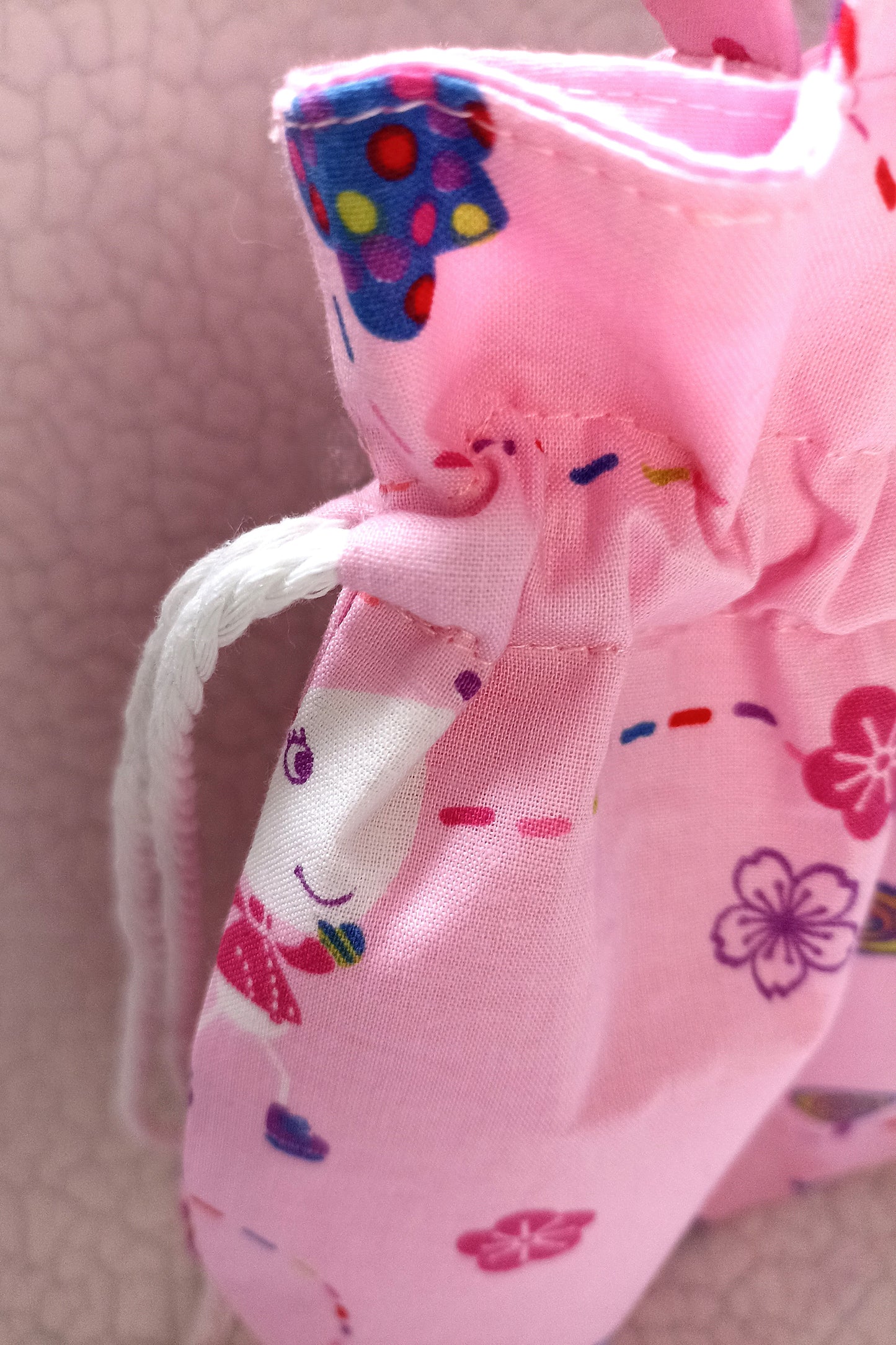 Pink Mouse On A Journey Drawstring Bag Unique Durable Gift For Her Sustainable Fashionable Fully Lined Inside Pocket Child Size Child Gift